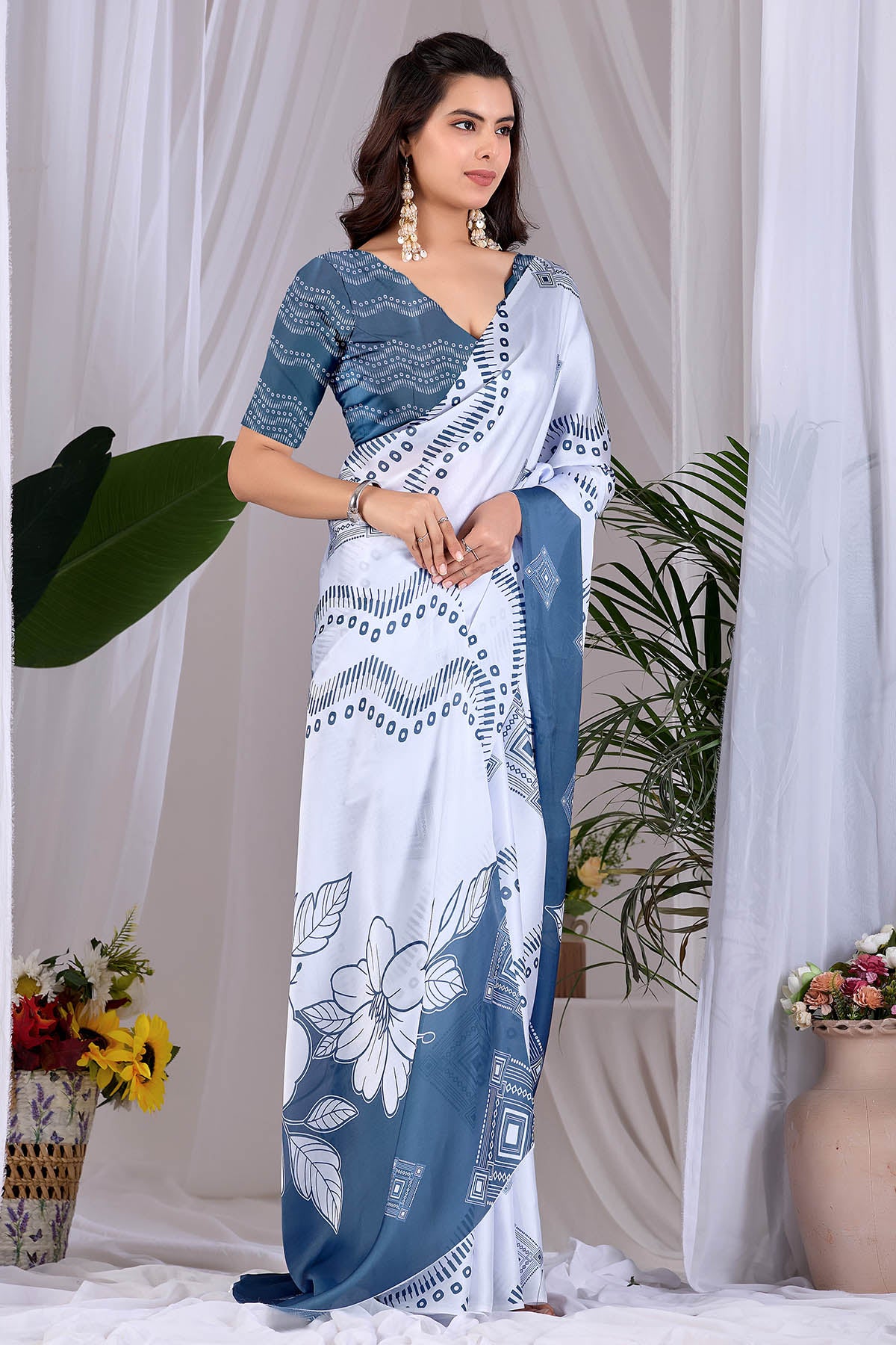Grey Soft Satin Printed Saree