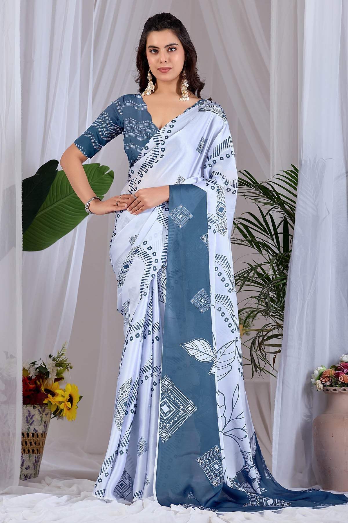 Buy Grey Soft Satin Printed Saree for women by Aastha Fashion online available at scrollnshops