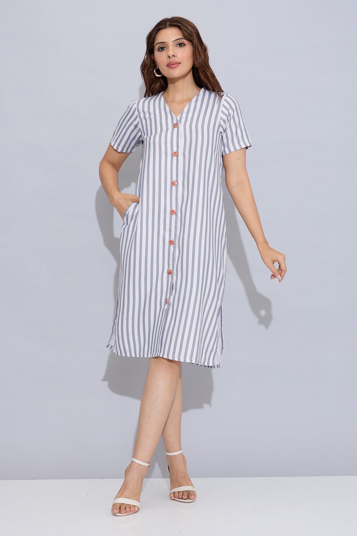 Buy Grey Stripe Button Down Dress for Women by SNEHA B Designer online available at scrollnshops