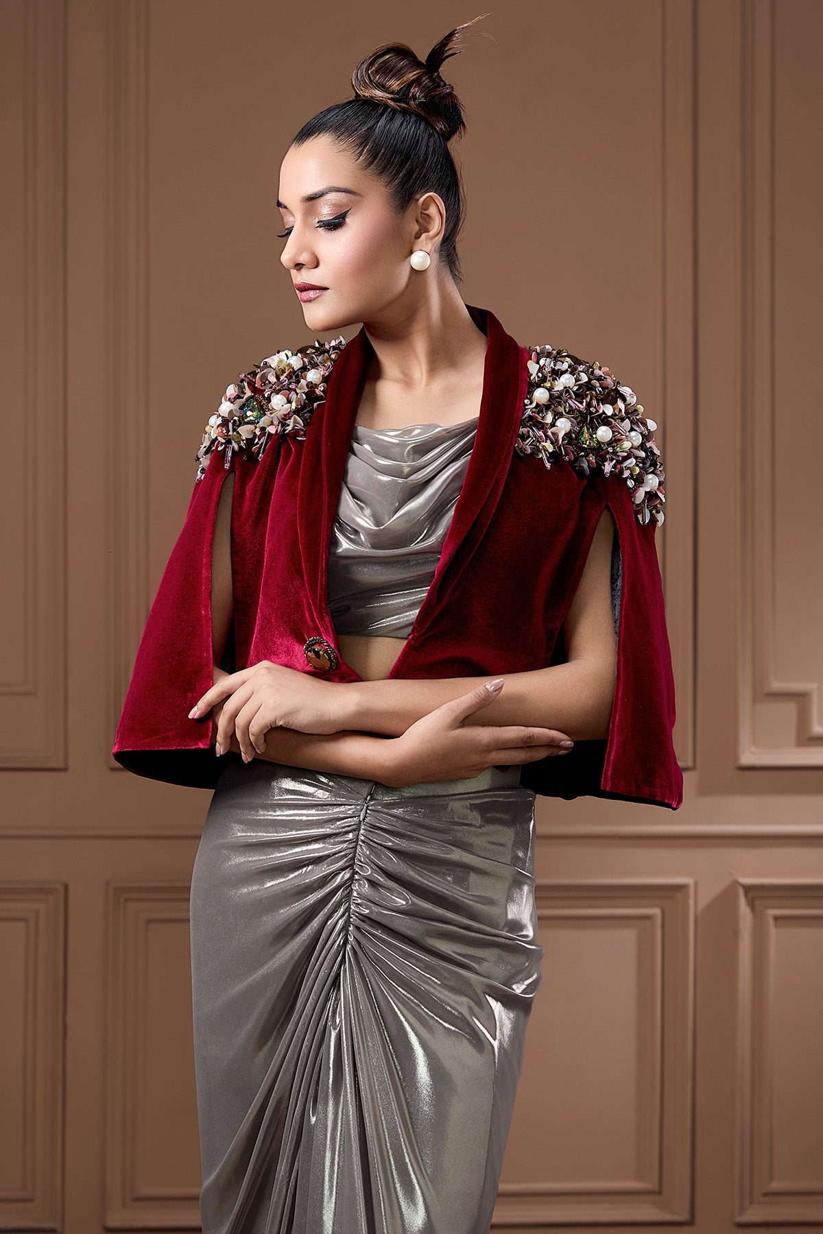 Grey Swarovski Work Skirt Set