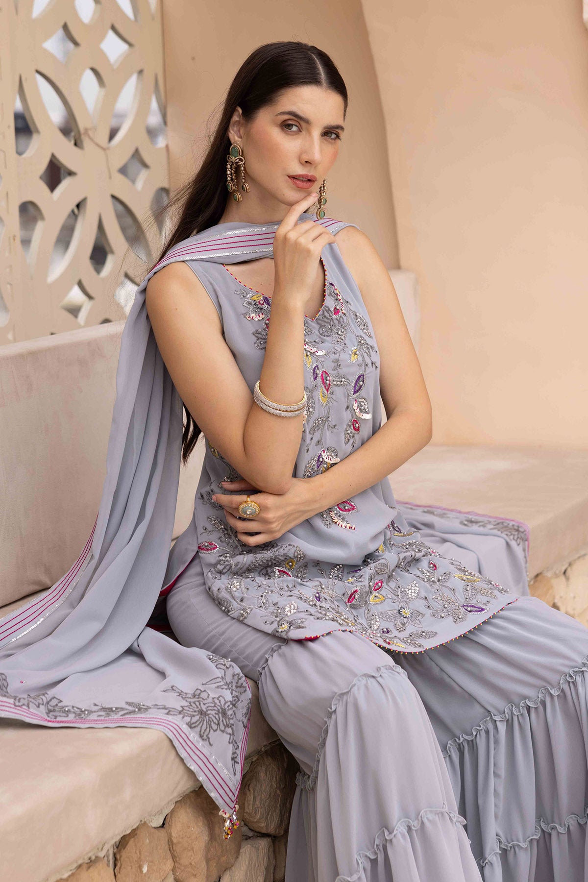 Grey Thread Work Sharara Set