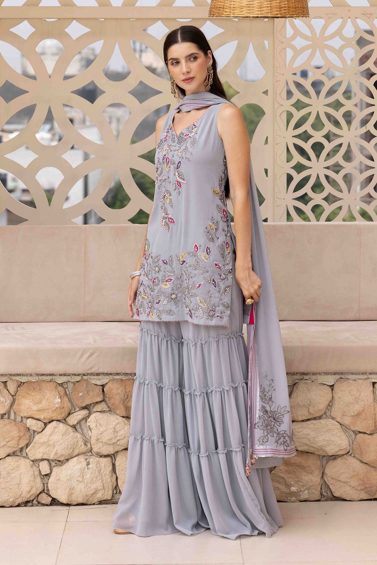 Grey Thread Work Sharara Set