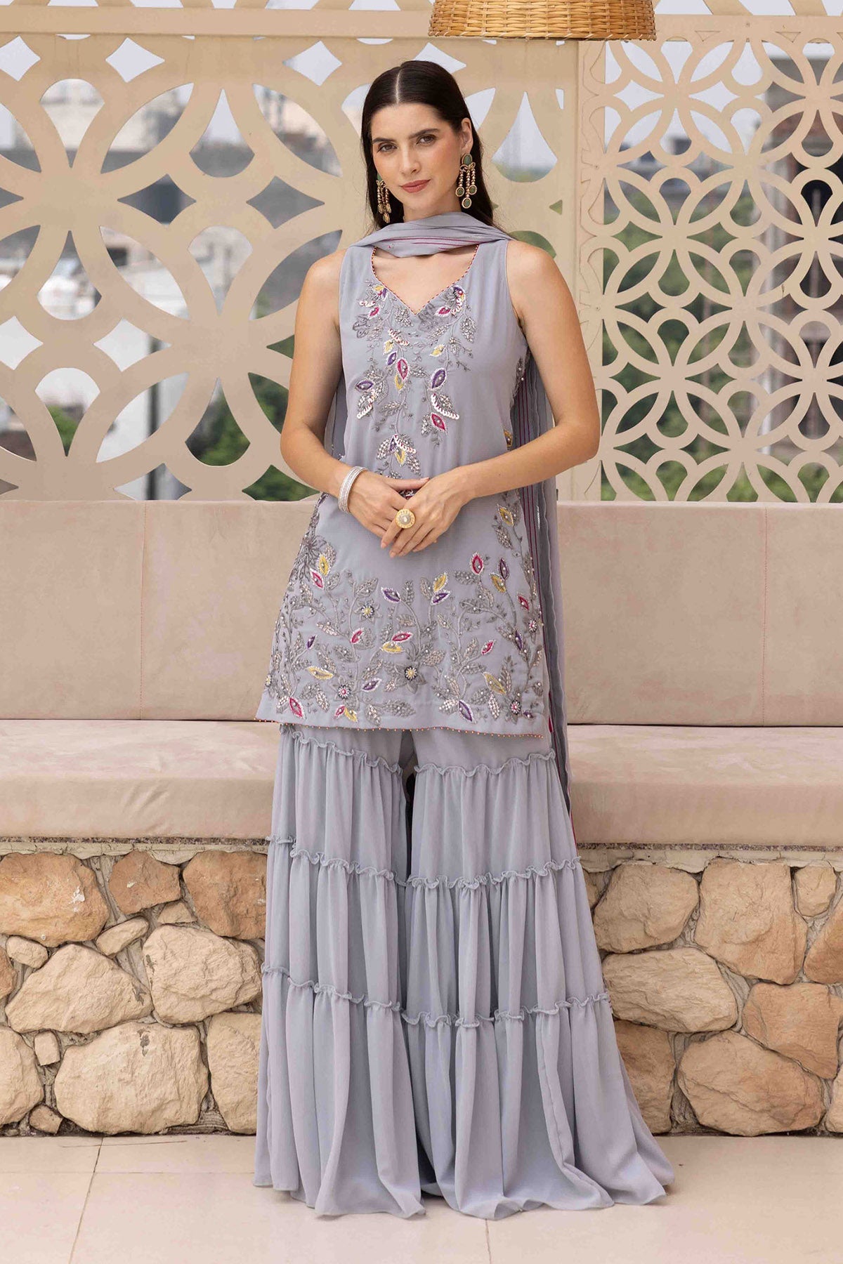 Buy Grey Thread Work Sharara Set by Ajiesh Oberoi for women online at ScrollnShops