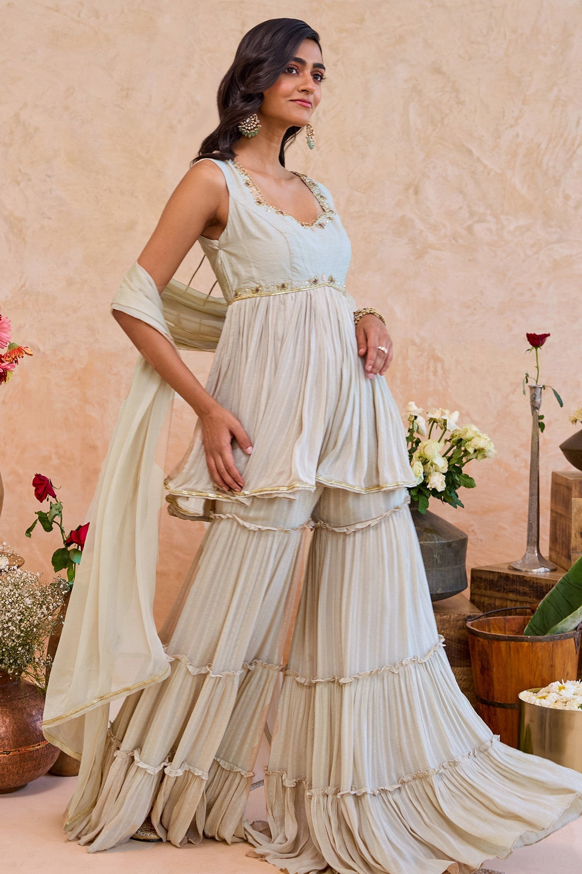 Buy Grey Tonal Embroidery Kurta Set for women by Taro India online available at scrollnshops