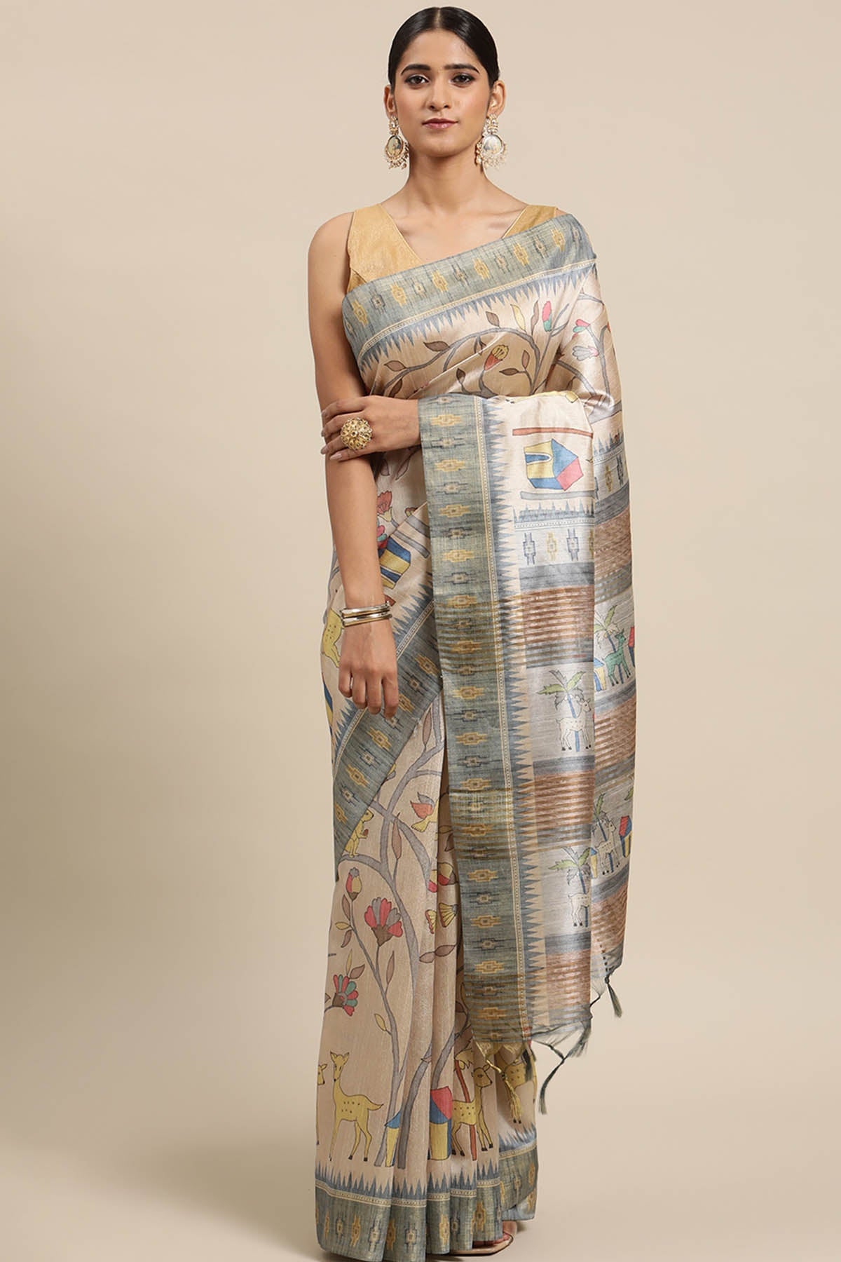 Buy Grey Tussar Silk Printed Saree by Lili Lala for women online at ScrollnShops