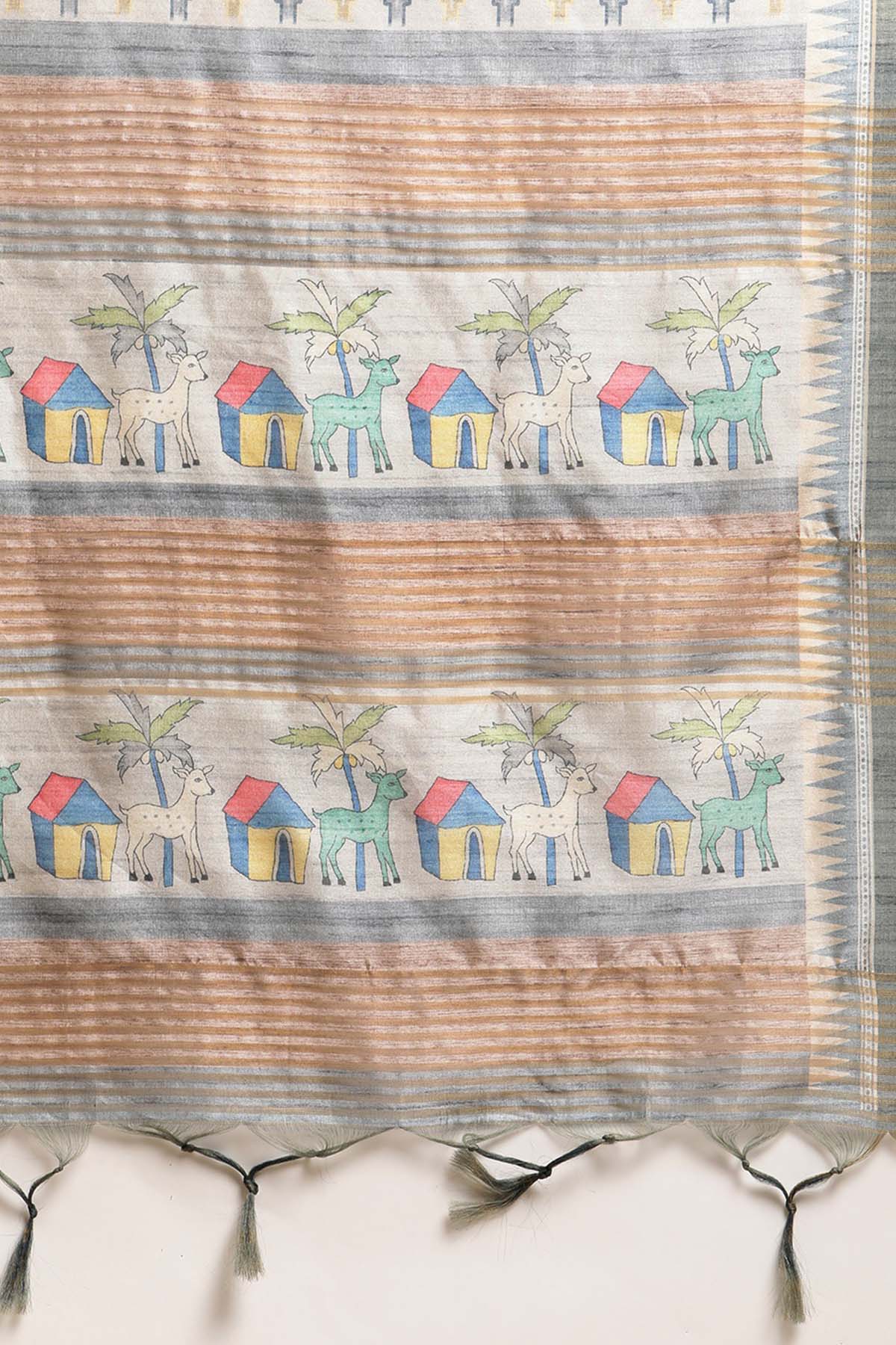 Grey Tussar Silk Printed Saree