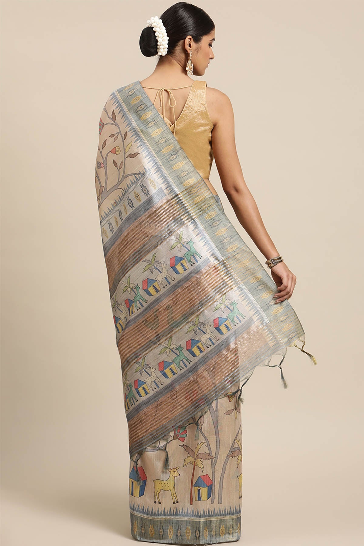 Grey Tussar Silk Printed Saree