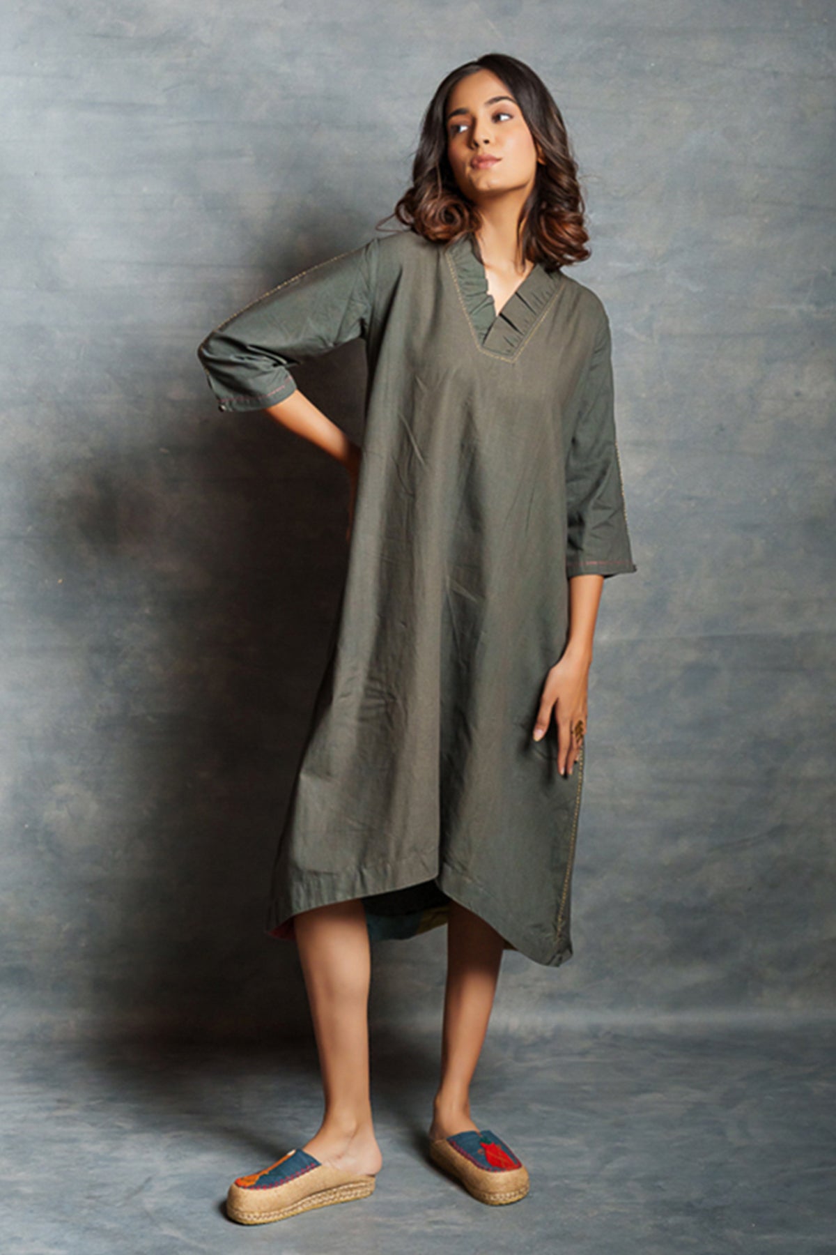 Buy Grey V-Neck A-Line Midi Dress by Thread Game for women online at ScrollnShops