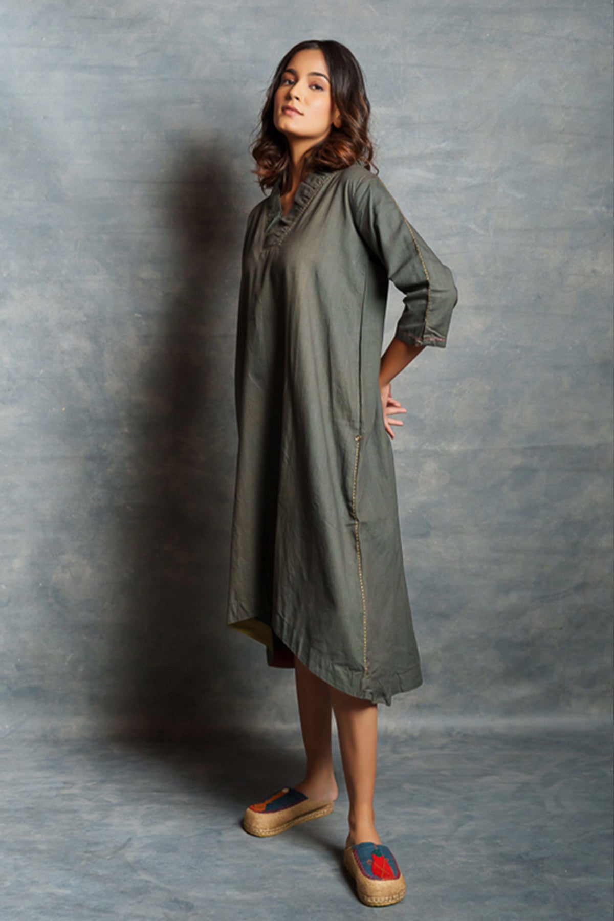 Grey V-Neck A-Line Midi Dress