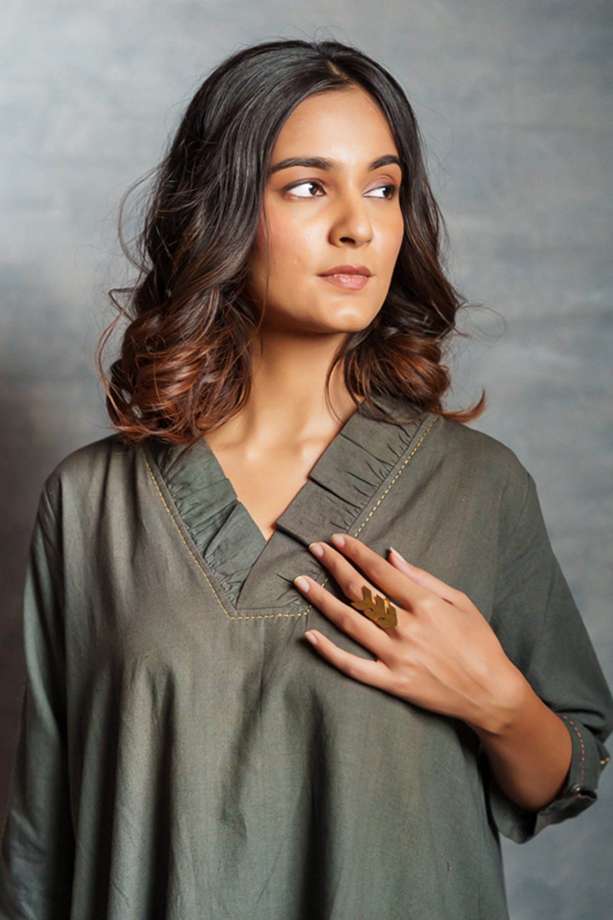 Grey V-Neck A-Line Midi Dress