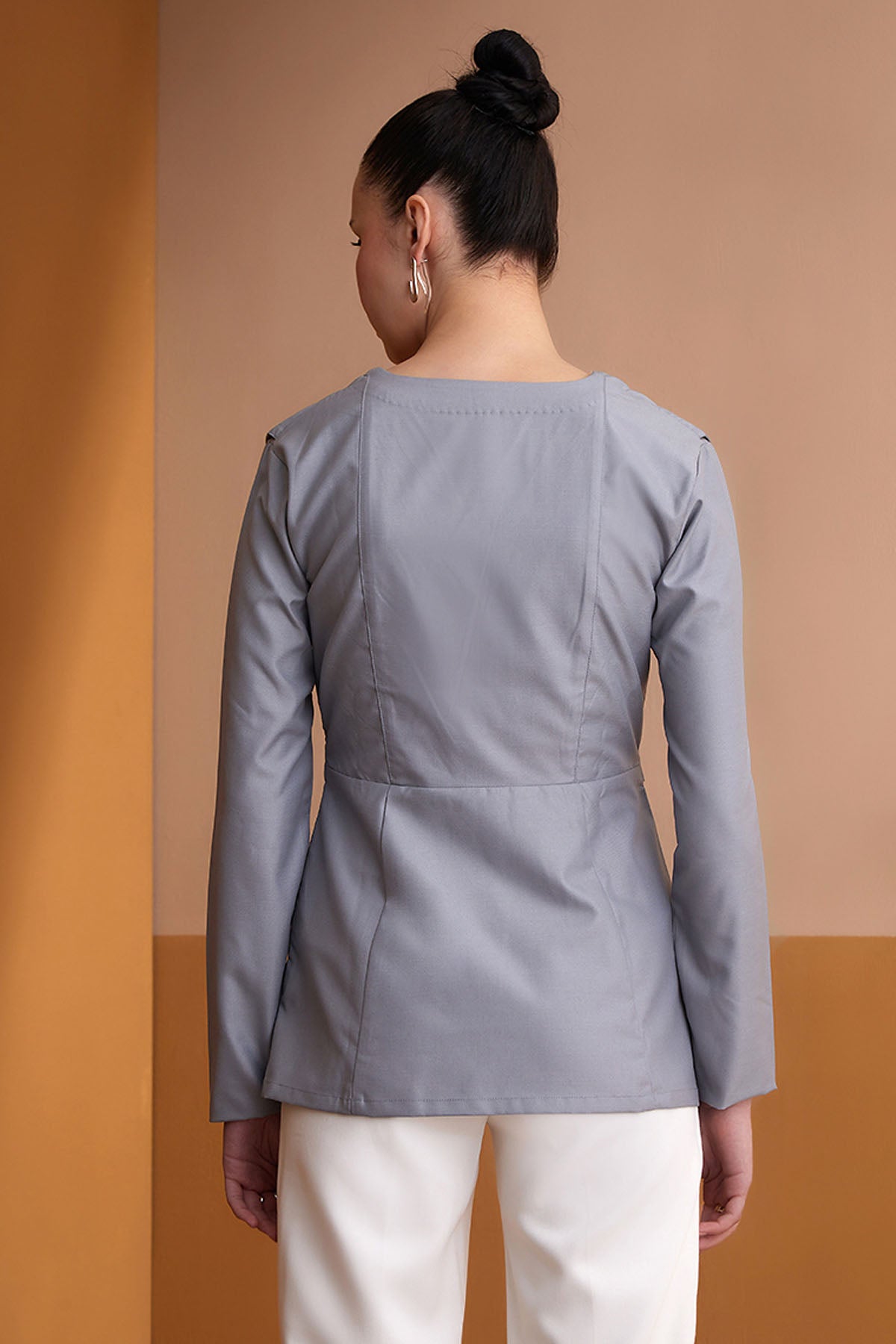 Grey V-neck Full Sleeves Top