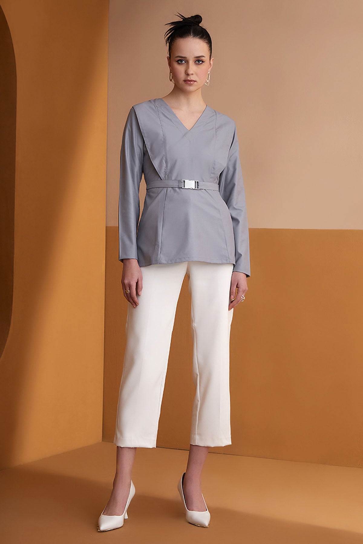 Vanten Grey V-neck Full Sleeves Top for women online at ScrollnShops