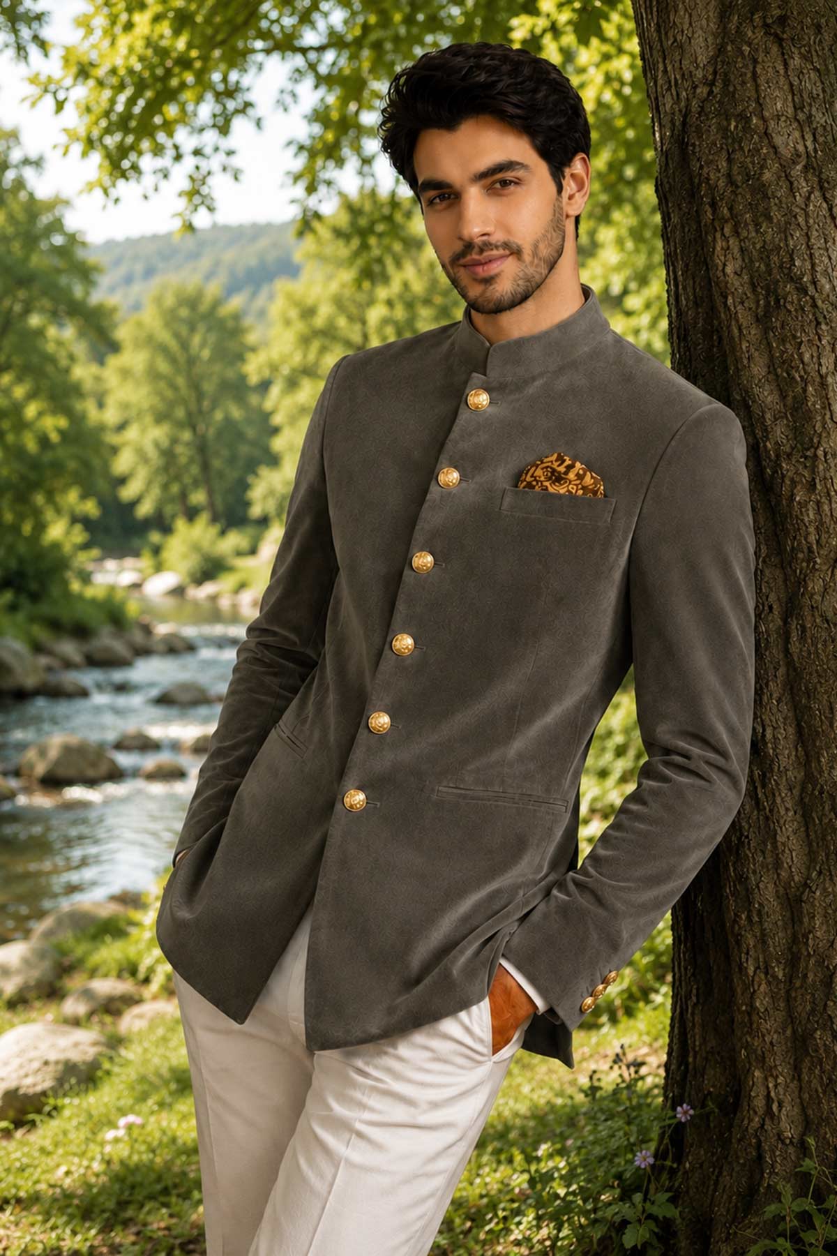 Grey Velvet Work Jodhpuri Suit