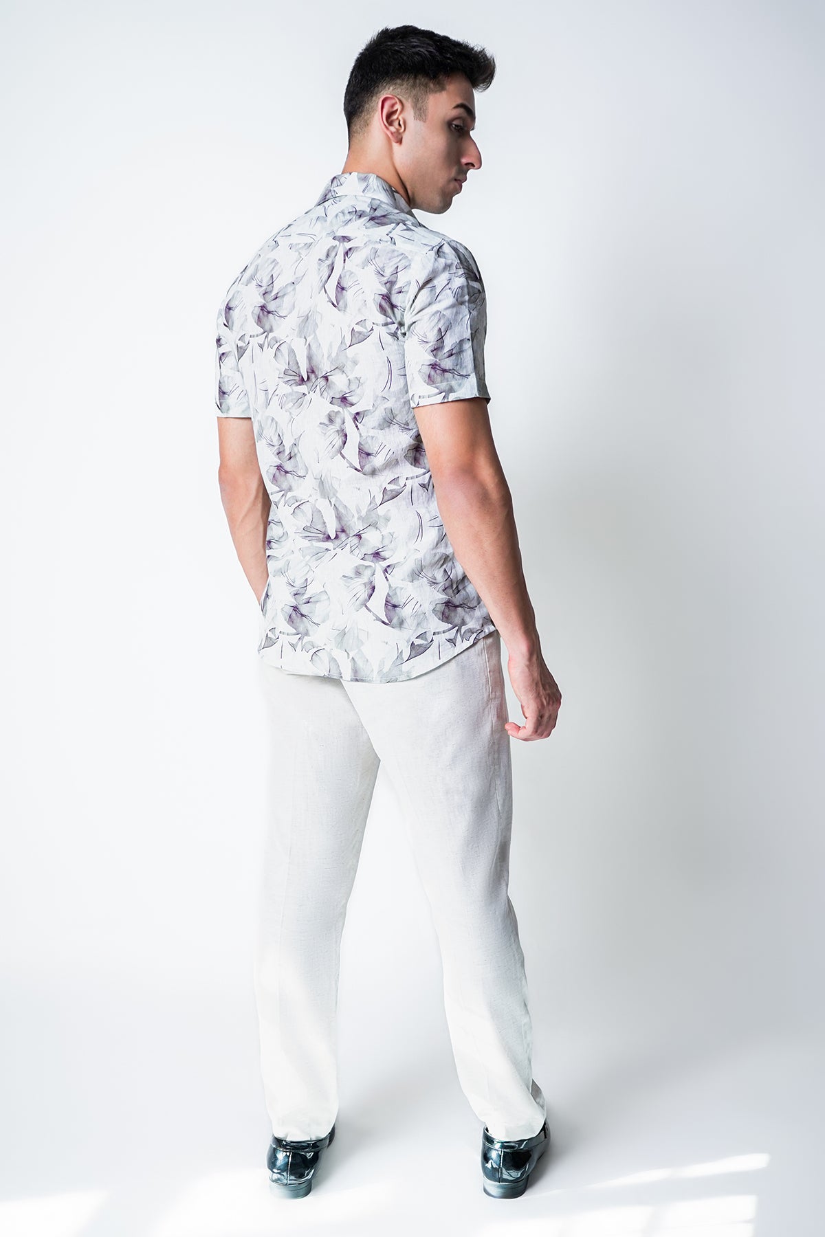 Grey White Cotton Printed Shirt