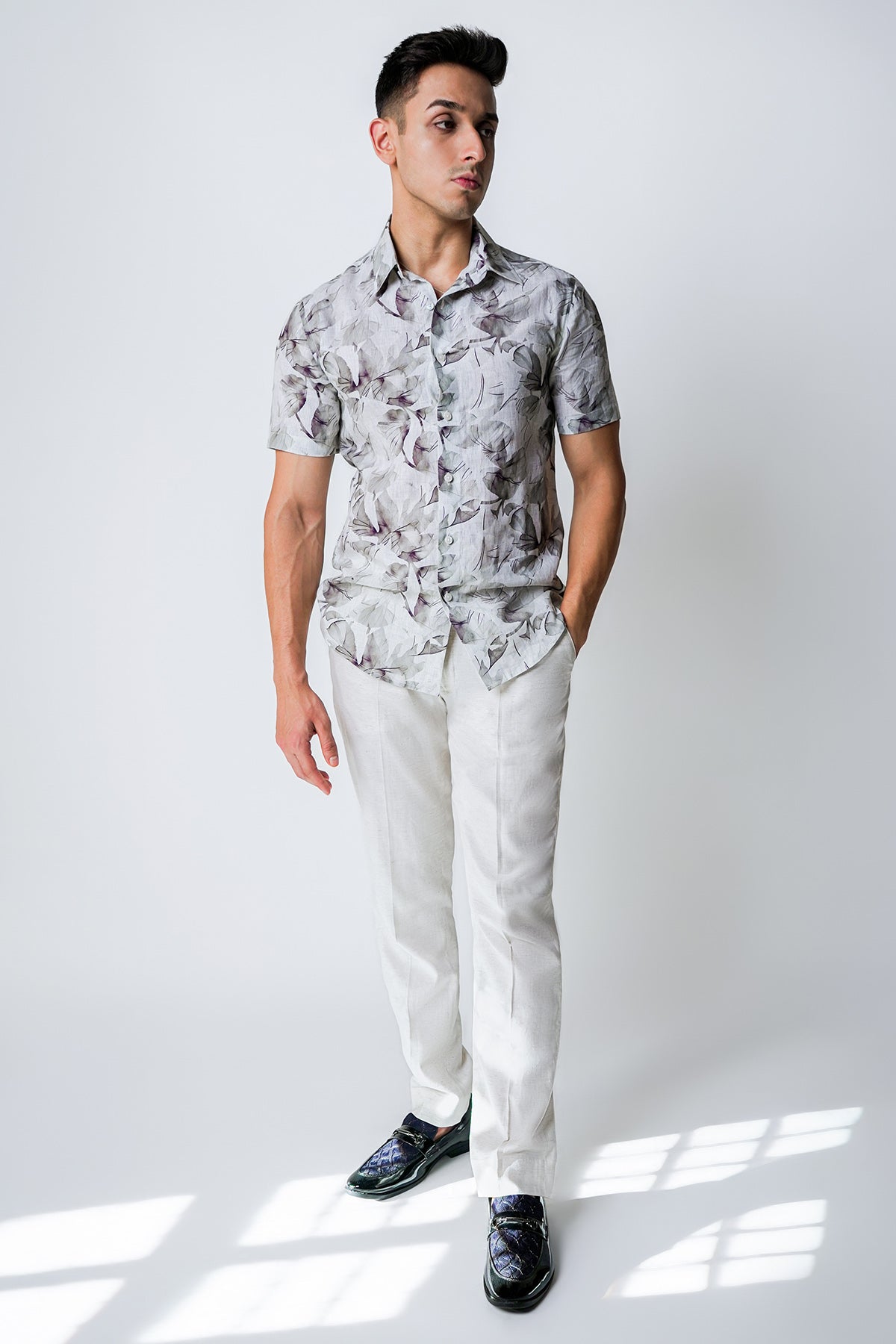 Grey White Cotton Printed Shirt