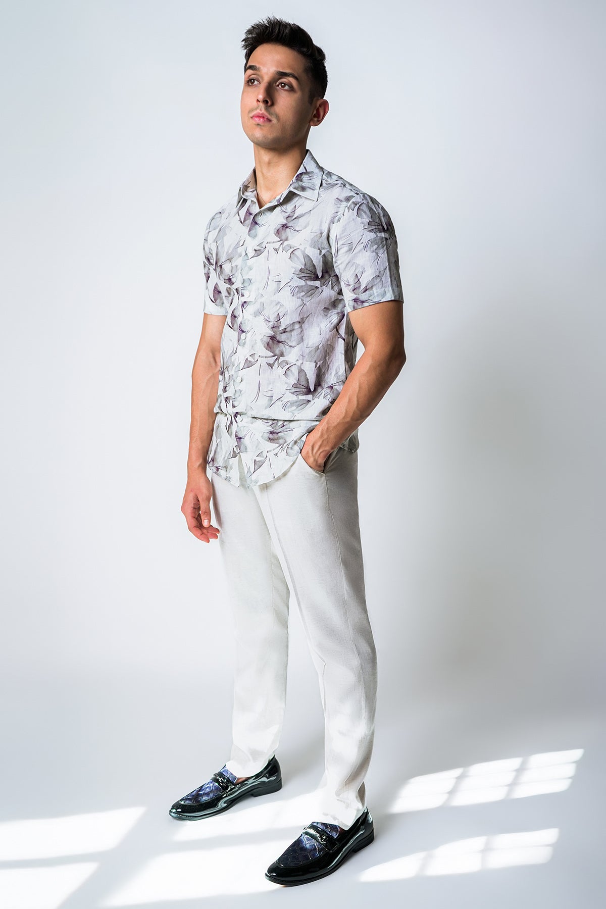 Grey White Cotton Printed Shirt