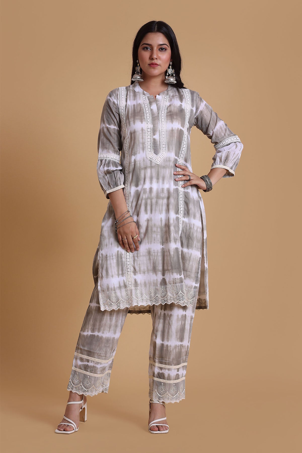 Grey & White Mulmul Kurta Set