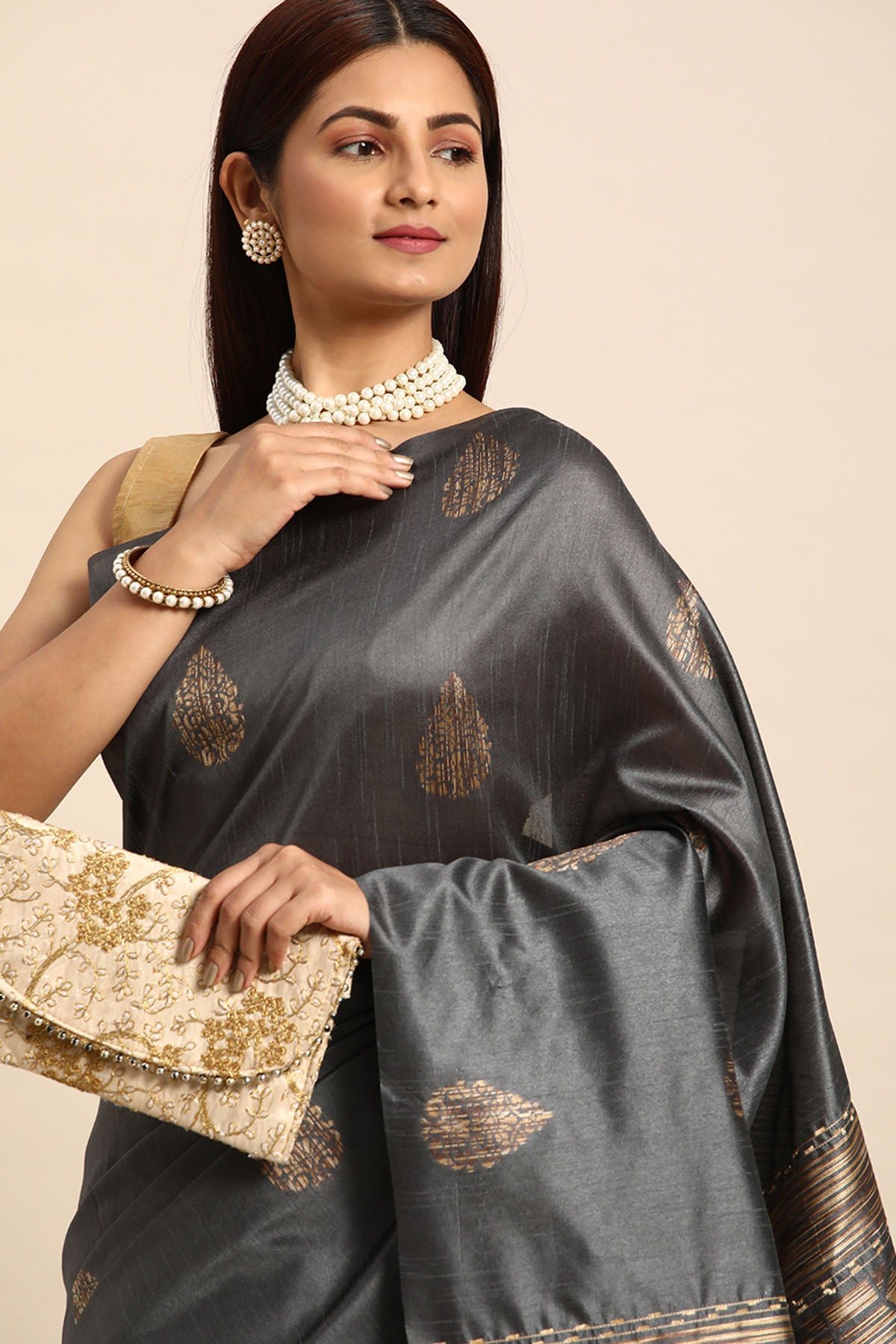 Grey Woven Butti Work Saree