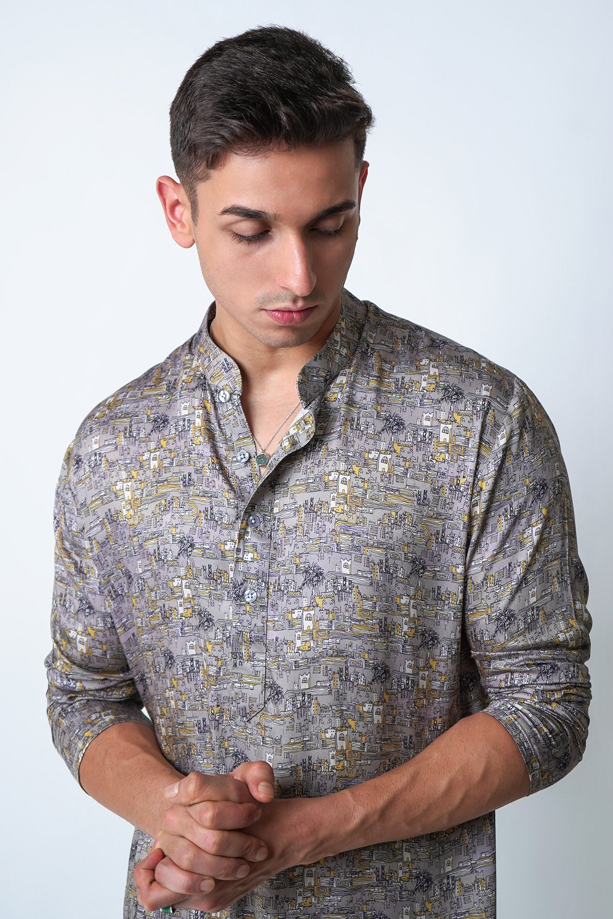 Grey & Yellow Printed Kurta Set