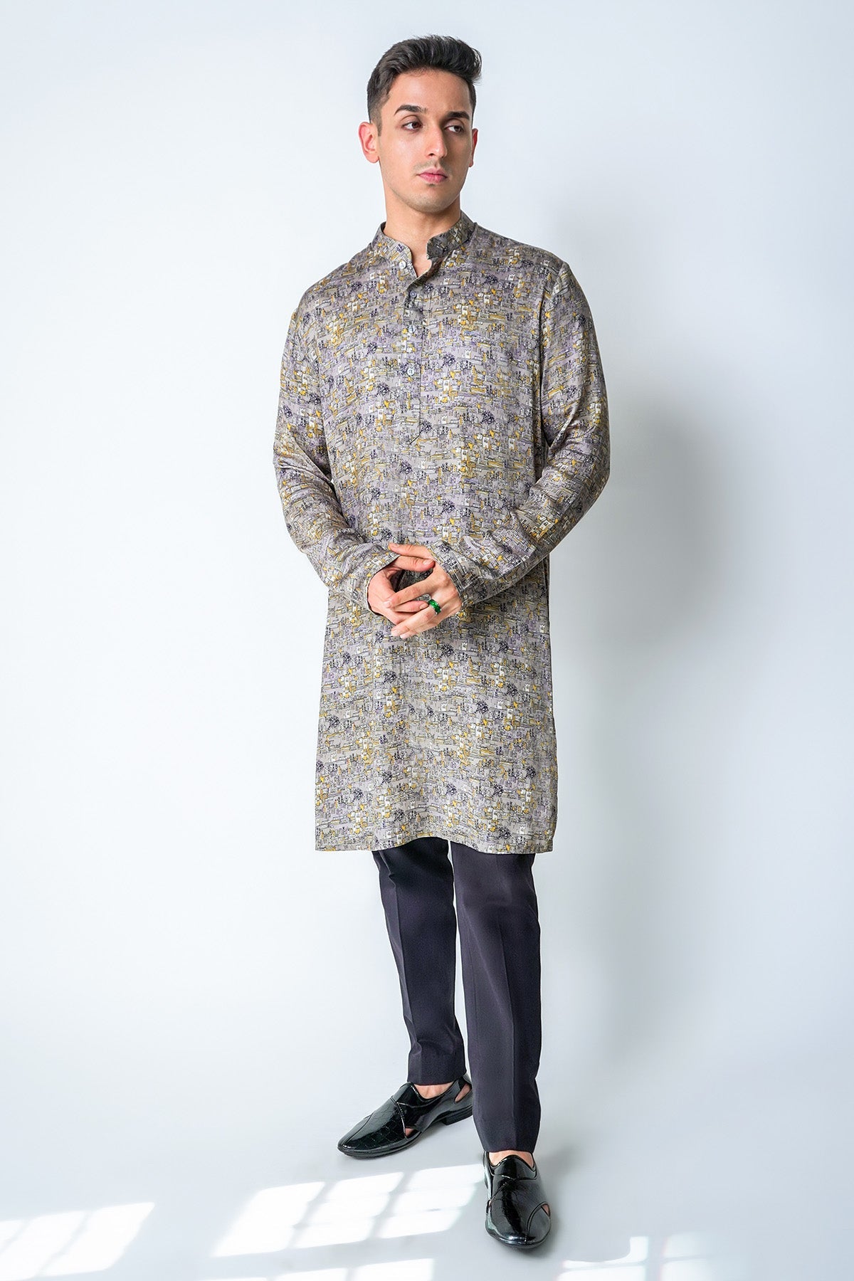 Buy Grey & Yellow Printed Kurta Set for men by House of Sheriff online available at scrollnshops