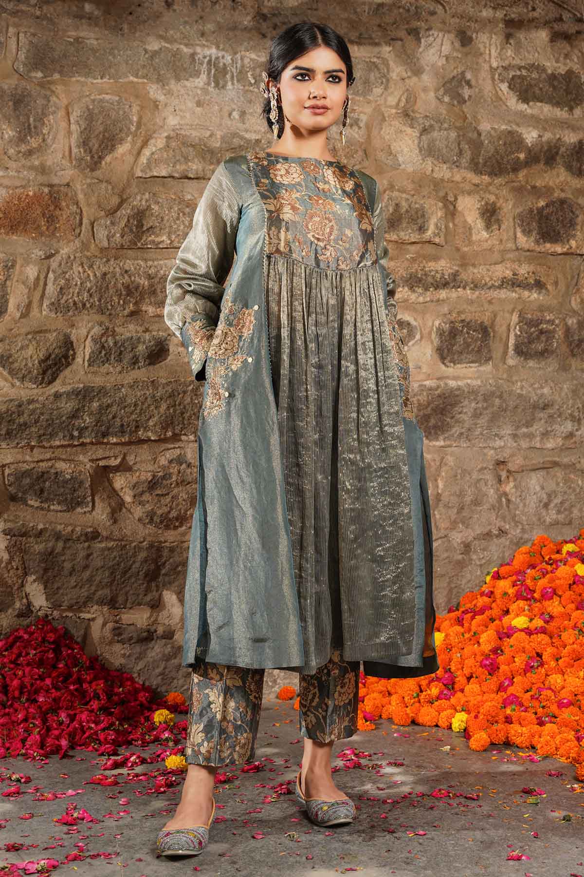 Seharre Grey Zari Stripe Kurta & Pants for women online at ScrollnShops