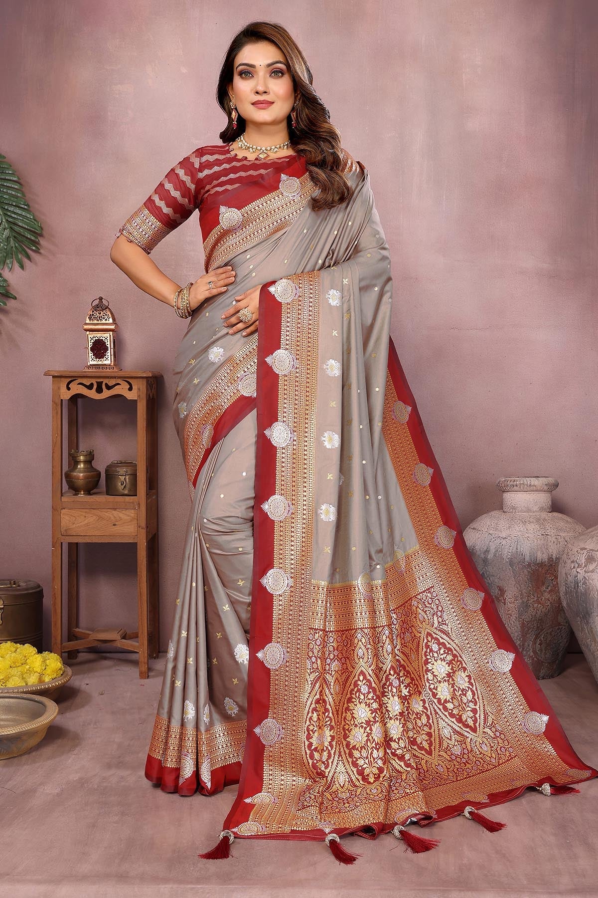 Buy Grey silk Weaving Fancy Saree for women by Aastha Fashion online available at scrollnshops