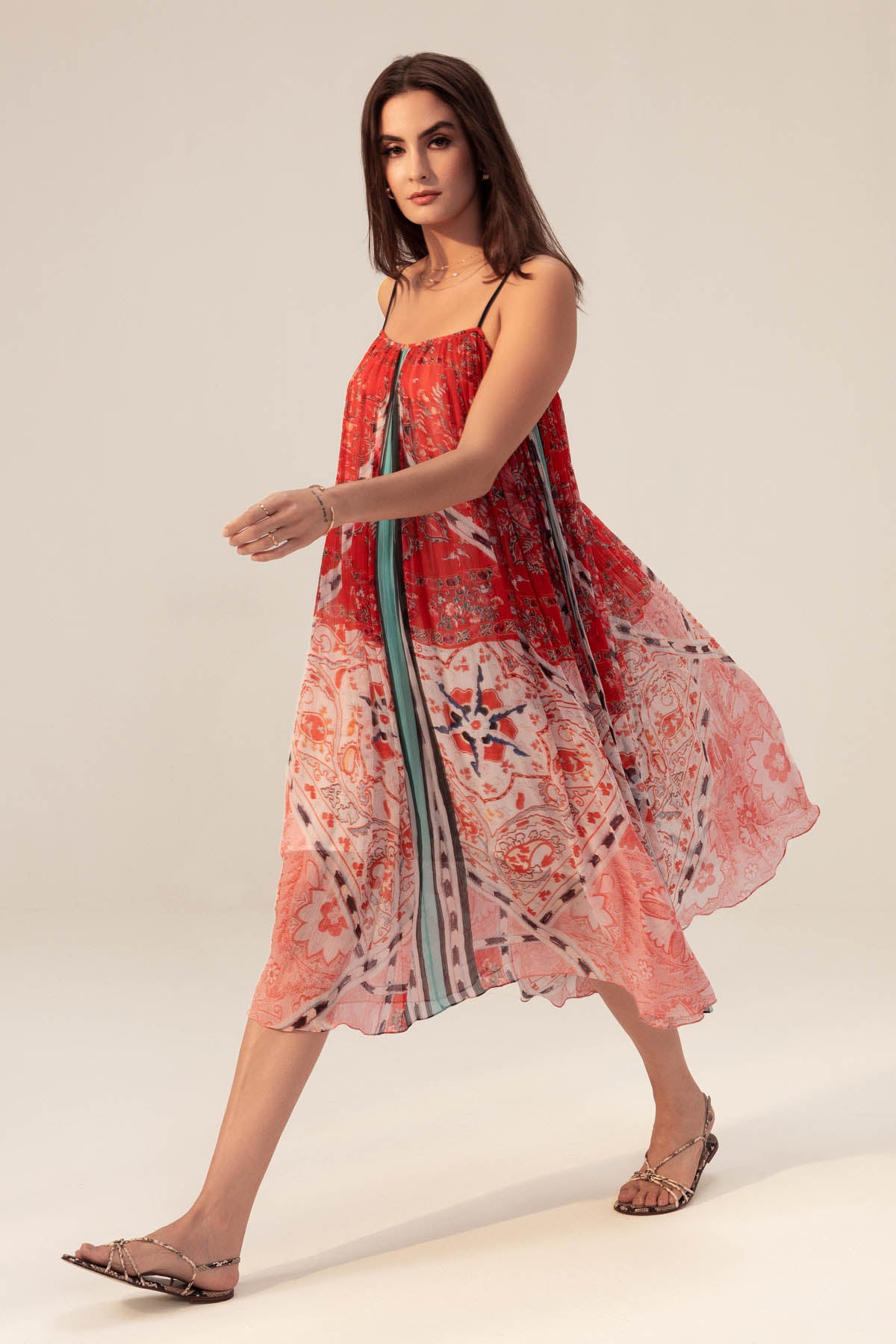 Red & Pink Chiffon Midi Dress