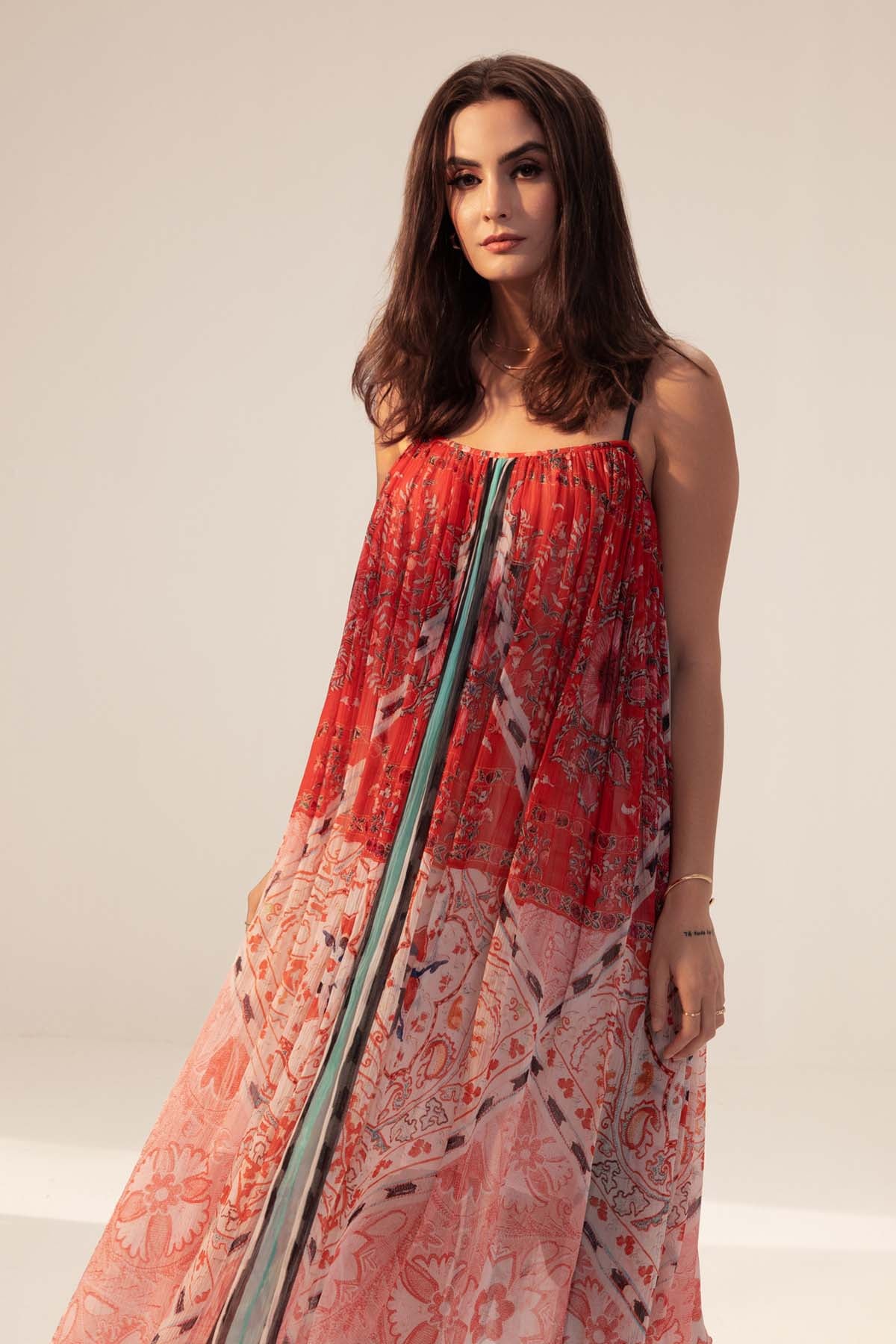 Red & Pink Chiffon Midi Dress