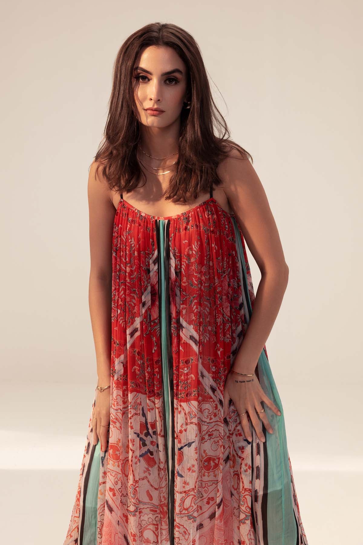 Red & Pink Chiffon Midi Dress