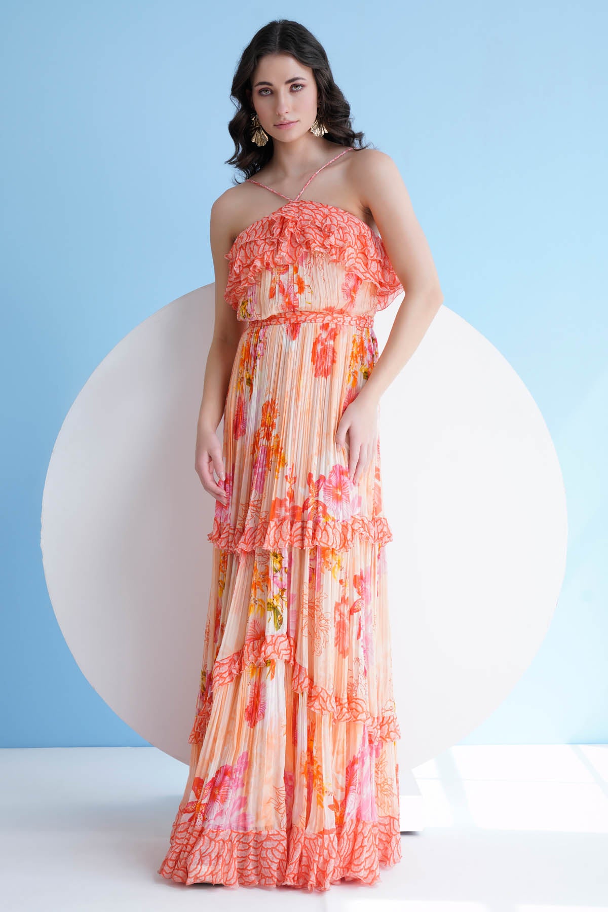 Halter Pleated Frill Long Dress