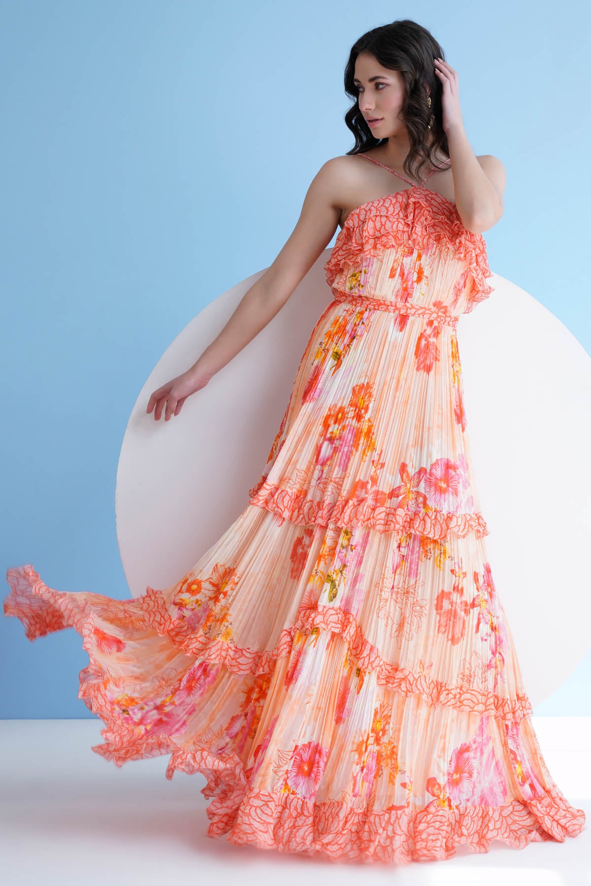 Halter Pleated Frill Long Dress