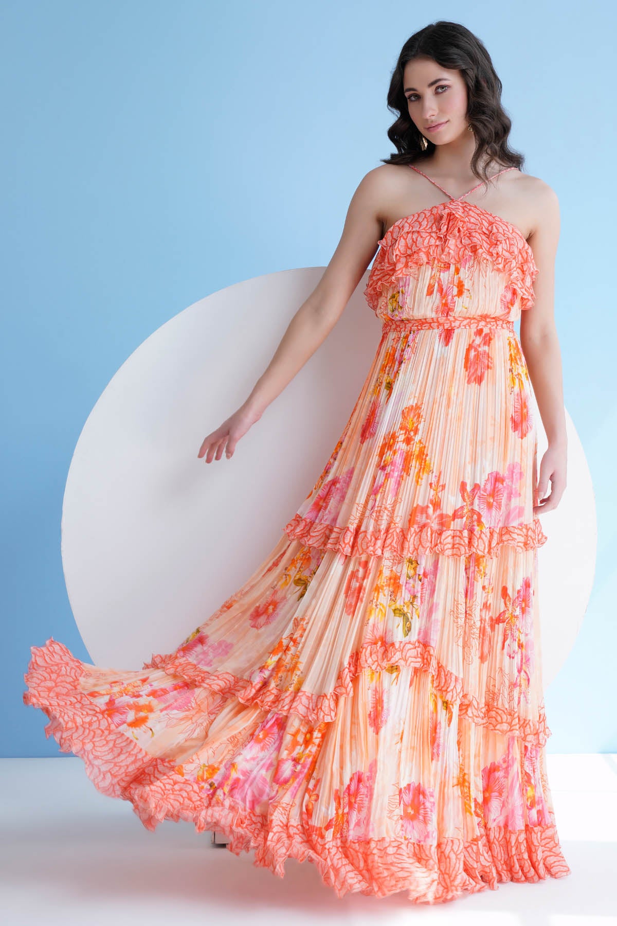 Halter Pleated Frill Long Dress