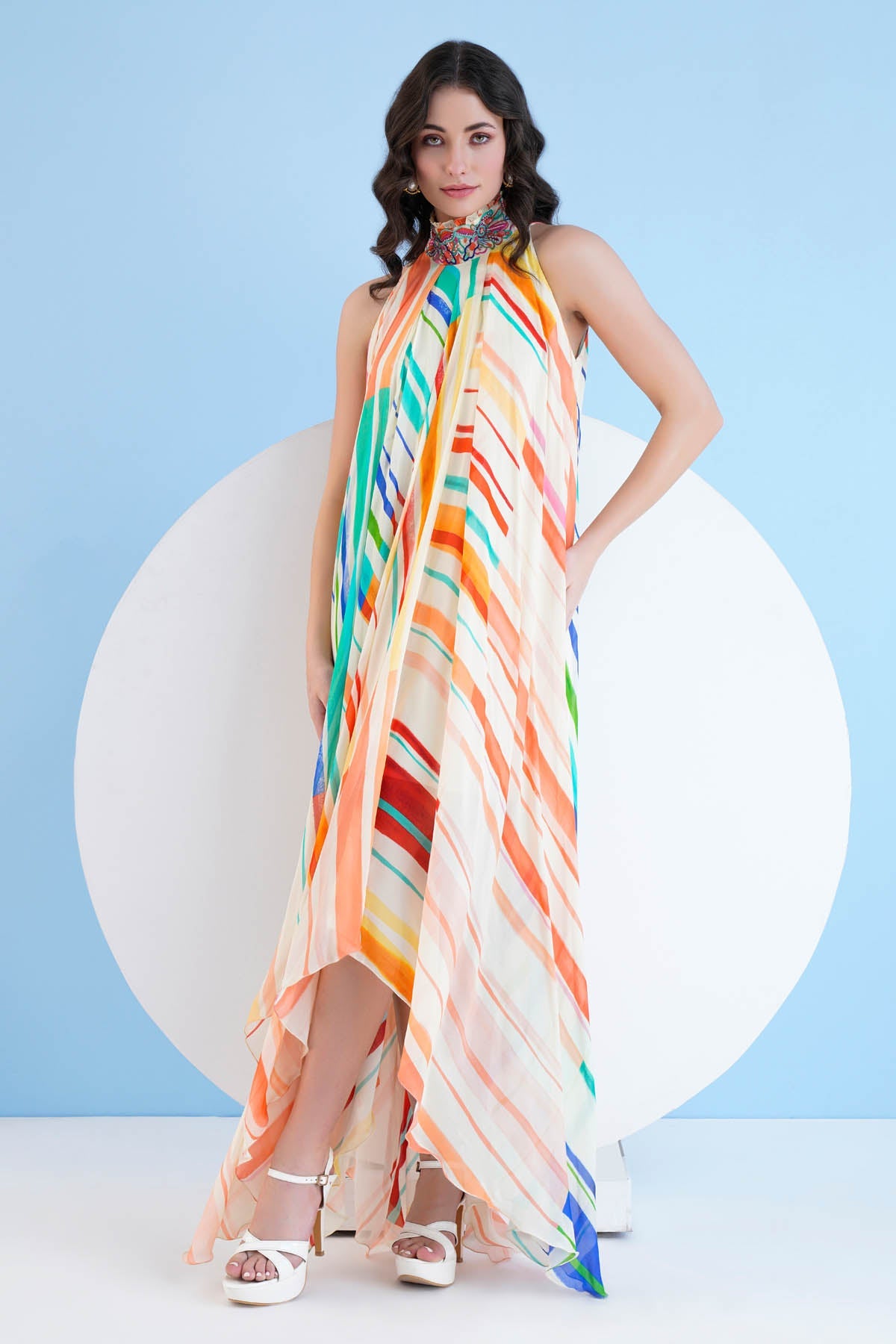 Buy Halter Asymmetric Print Dress by Mandira Wirk