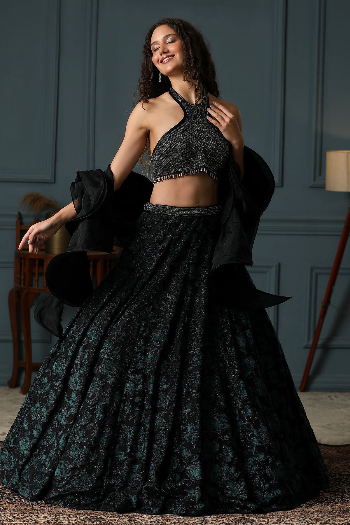 Halter Neck Black Lehenga Set