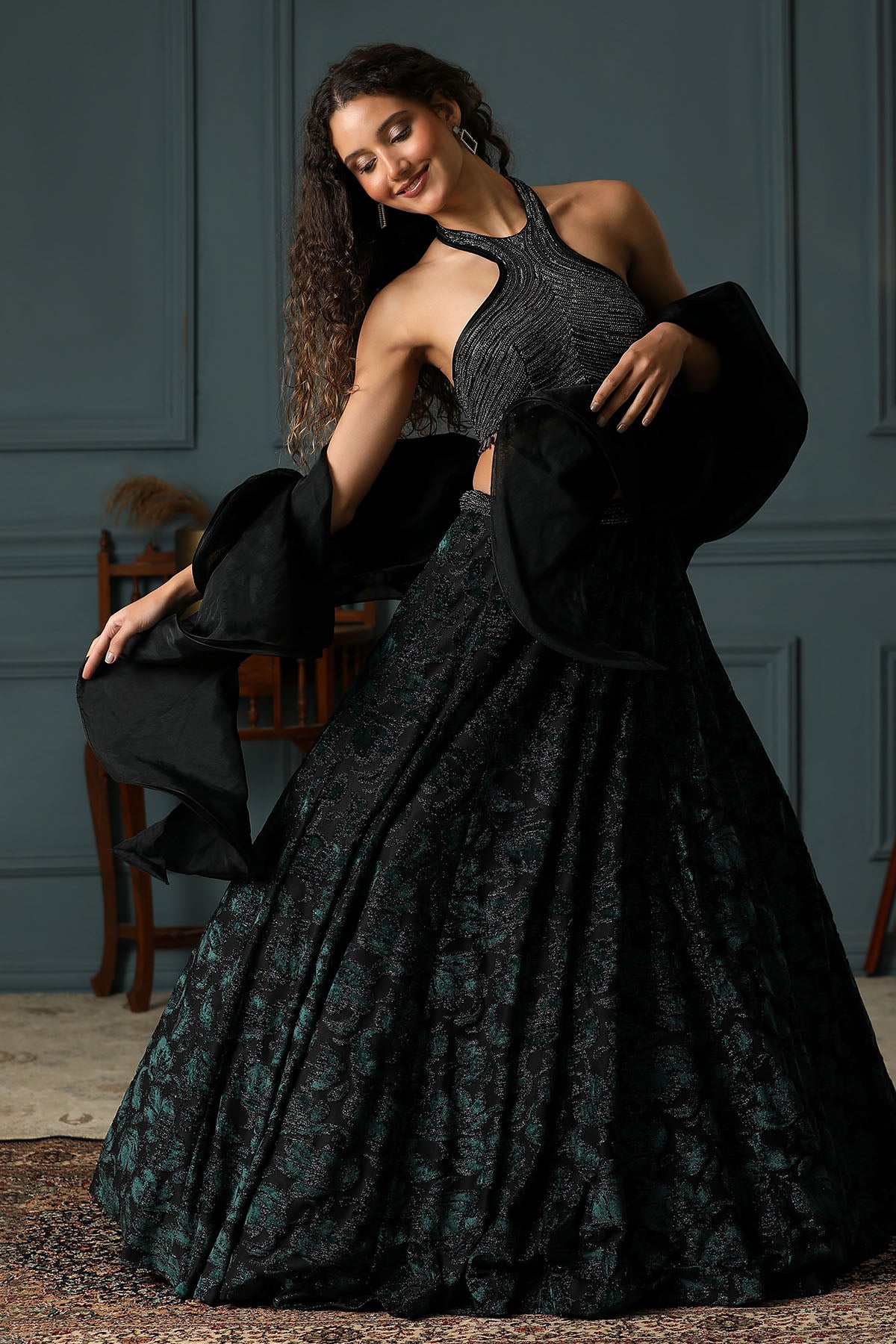 Halter Neck Black Lehenga Set