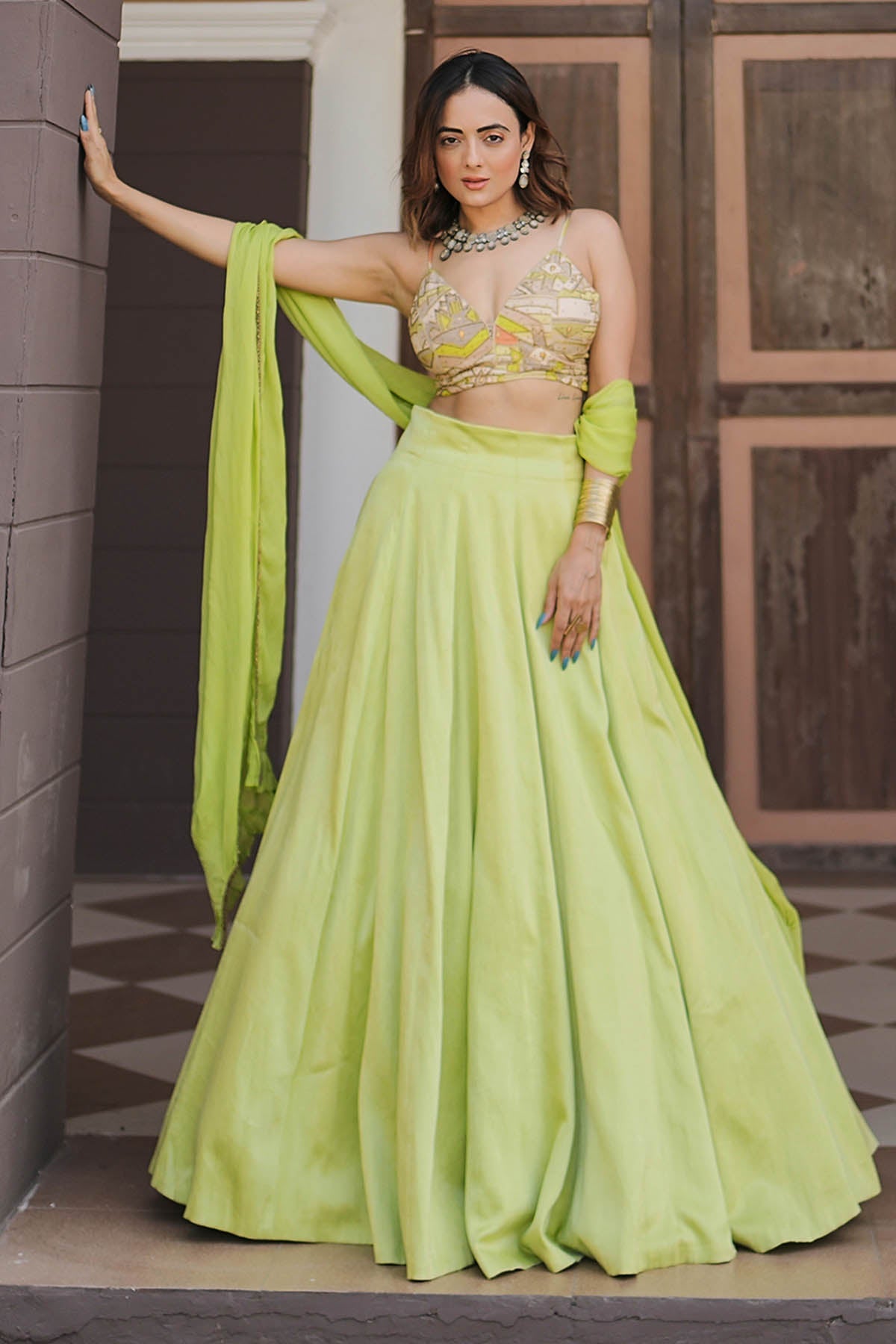 Buy Halter Neck Lime Lehenga Set by Koswi for women online at ScrollnShops