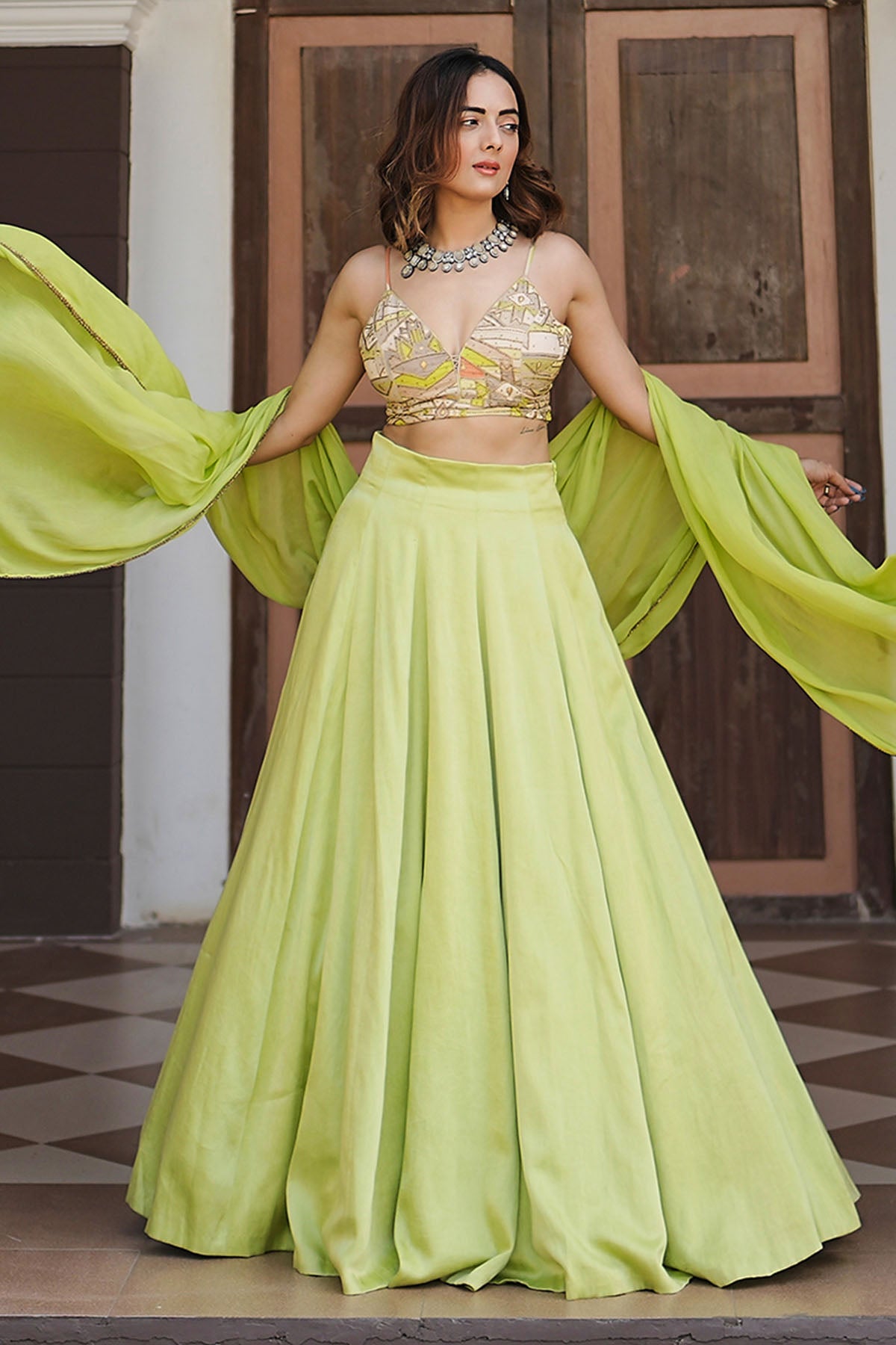 Halter Neck Lime Lehenga Set