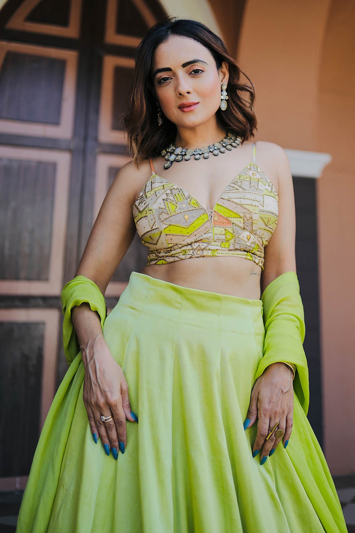 Halter Neck Lime Lehenga Set