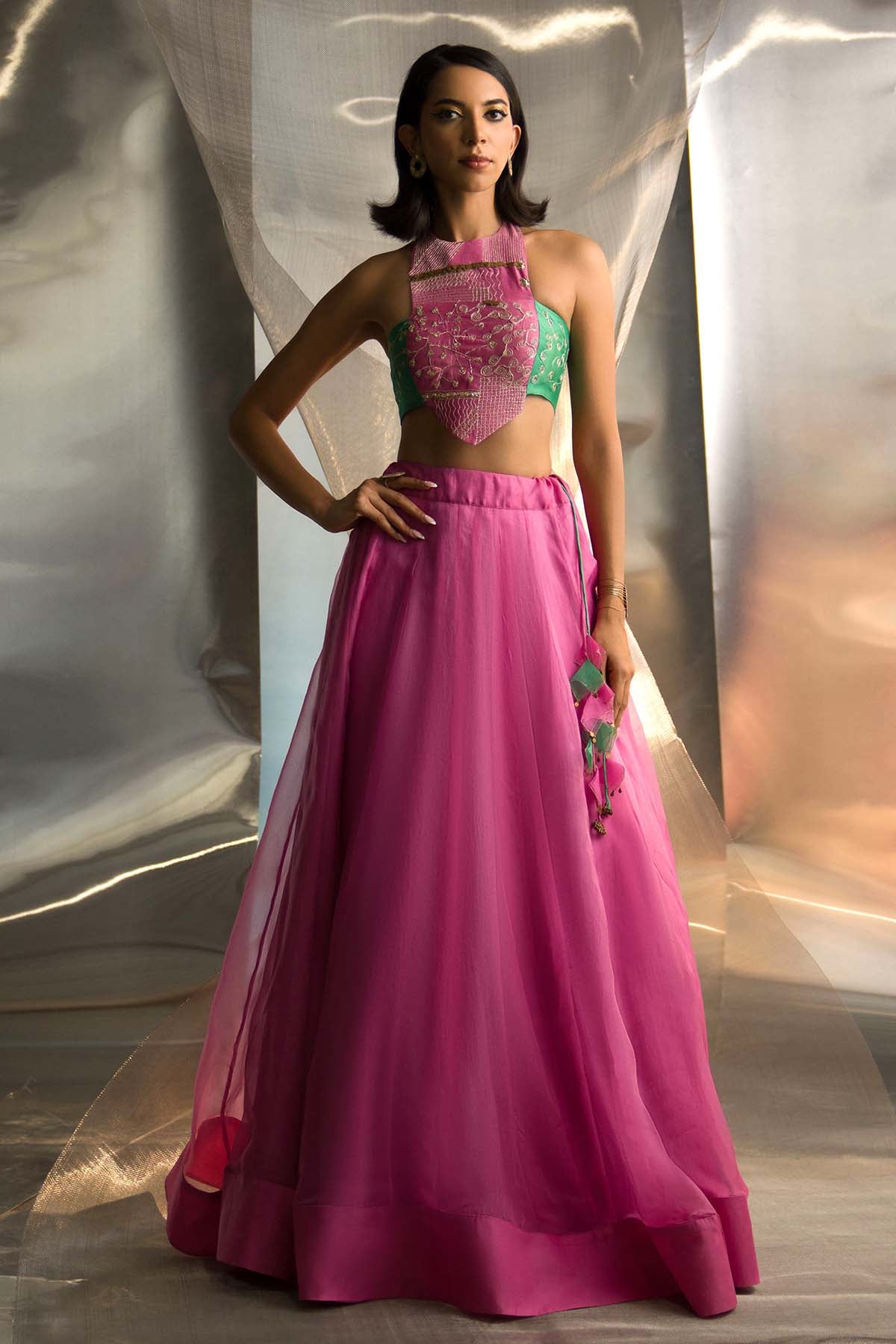 Halter Neck Pink Lehenga Set