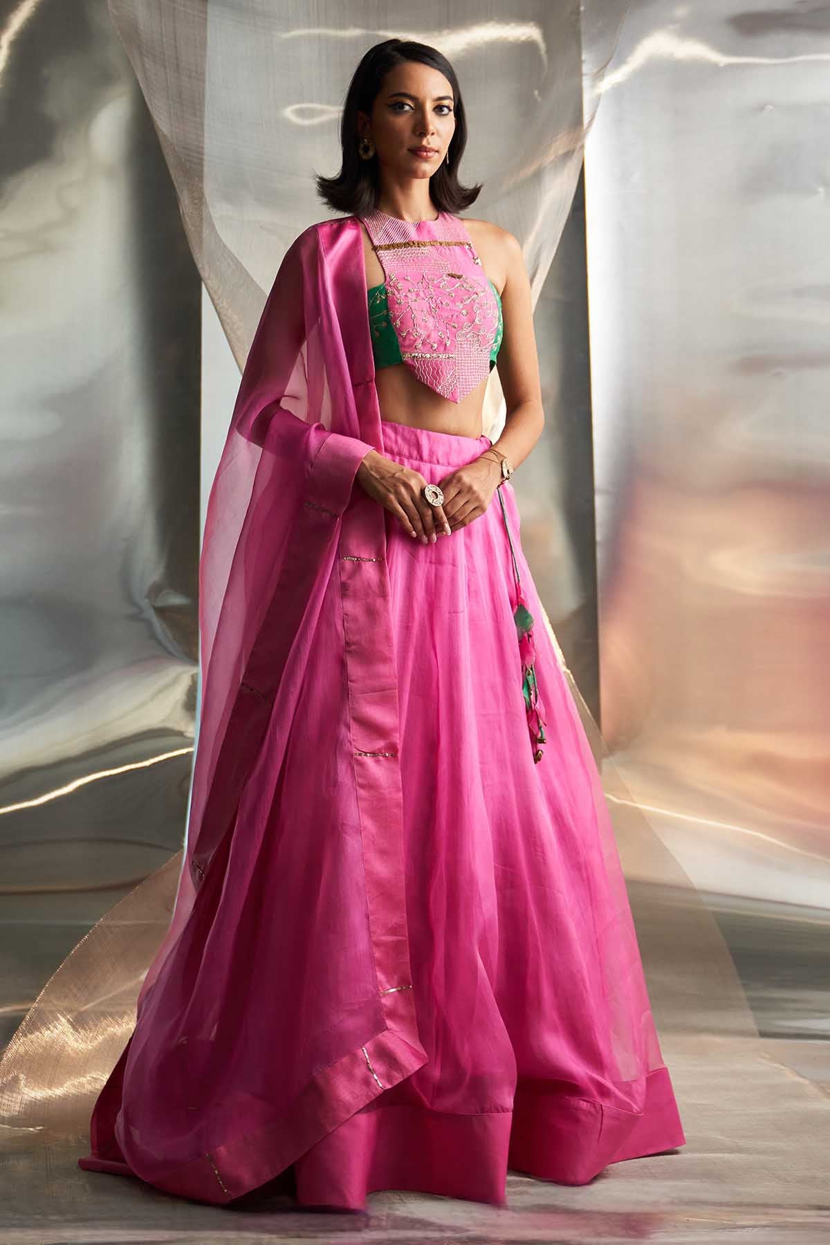 Buy Halter Neck Pink Lehenga Set by Charkhee Misr for women online at ScrollnShops