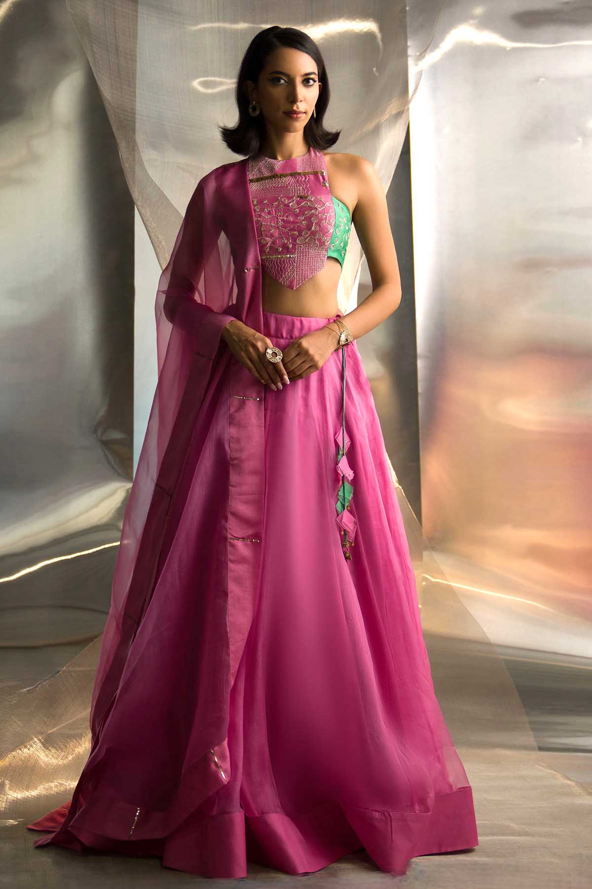 Halter Neck Pink Lehenga Set