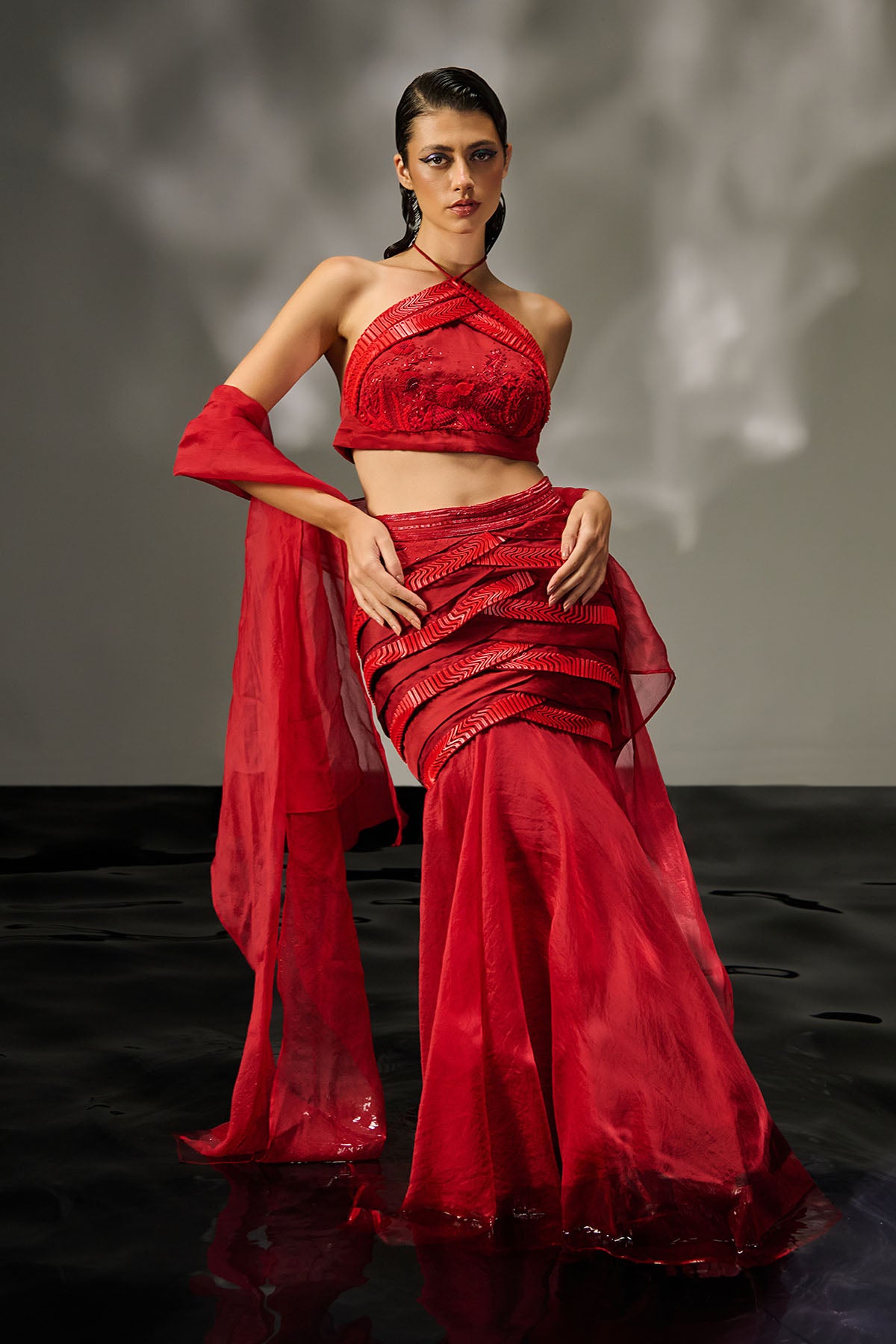 Halter Neck Red Lehenga Set