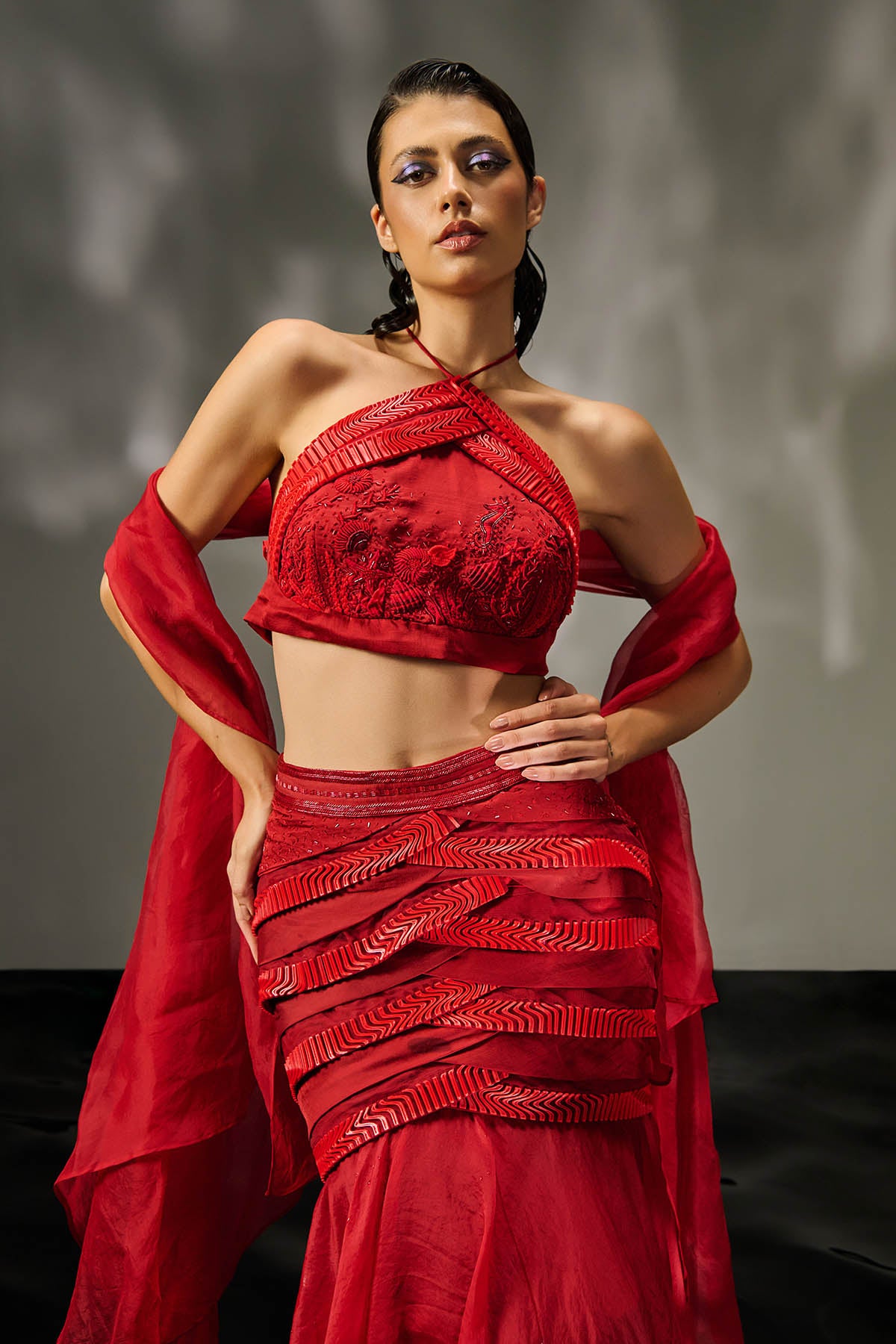 Halter Neck Red Lehenga Set