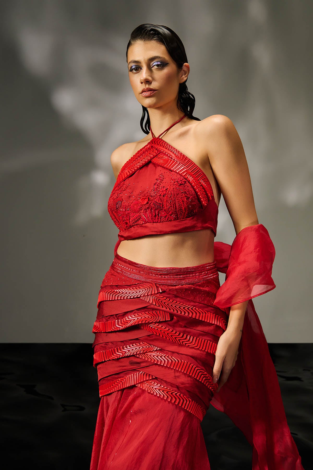 Halter Neck Red Lehenga Set
