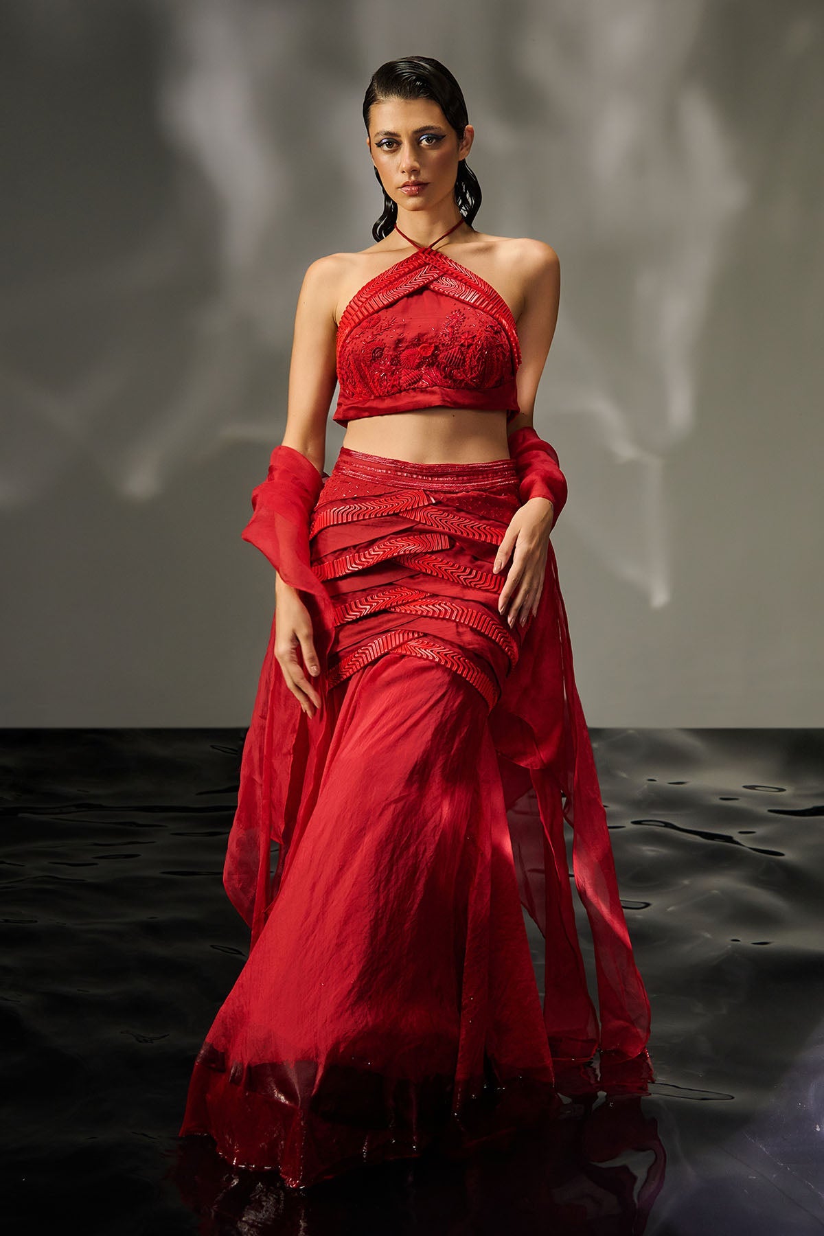 Buy Halter Neck Red Lehenga Set by Asaaye for women online at ScrollnShops