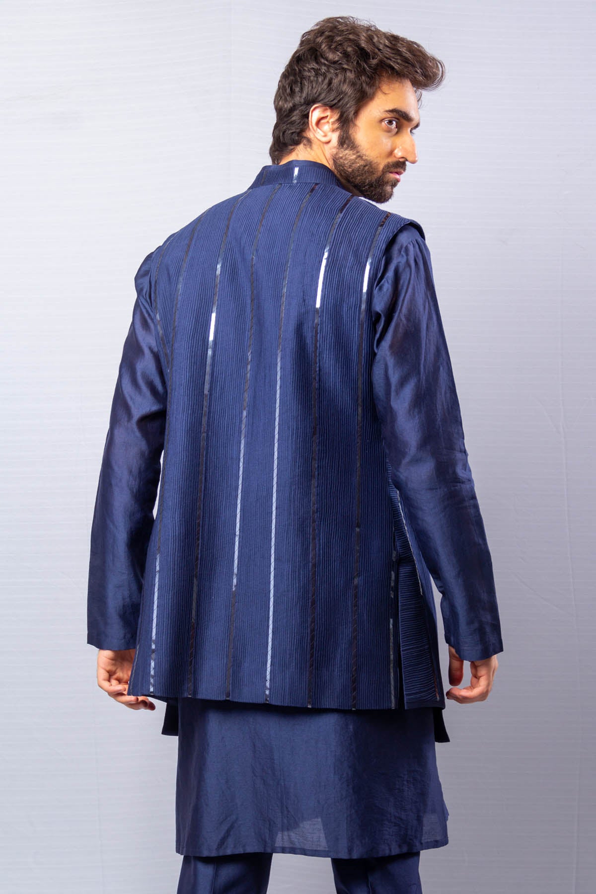 Blue Pintucks Long Jacket Set