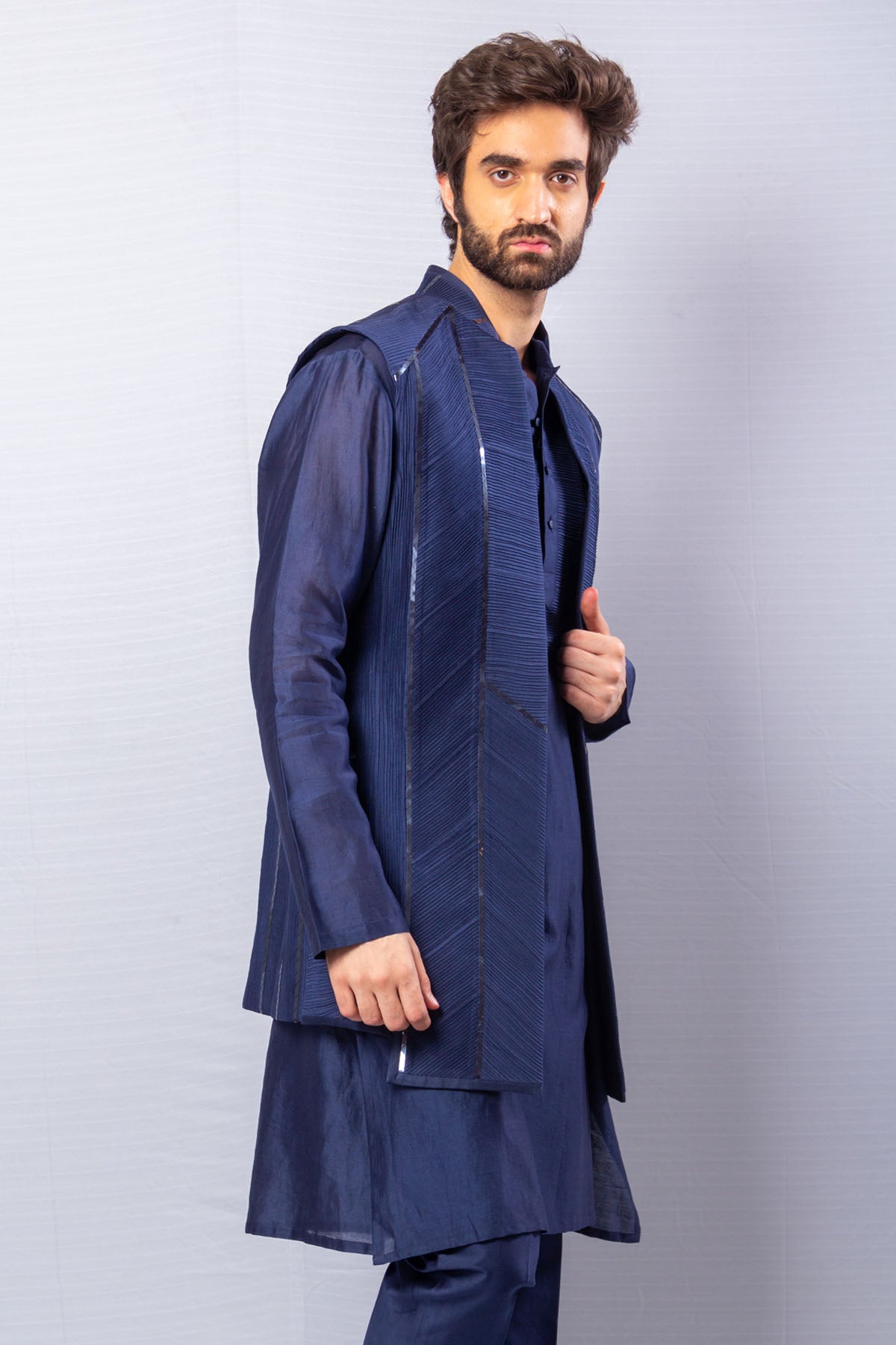 Blue Pintucks Long Jacket Set