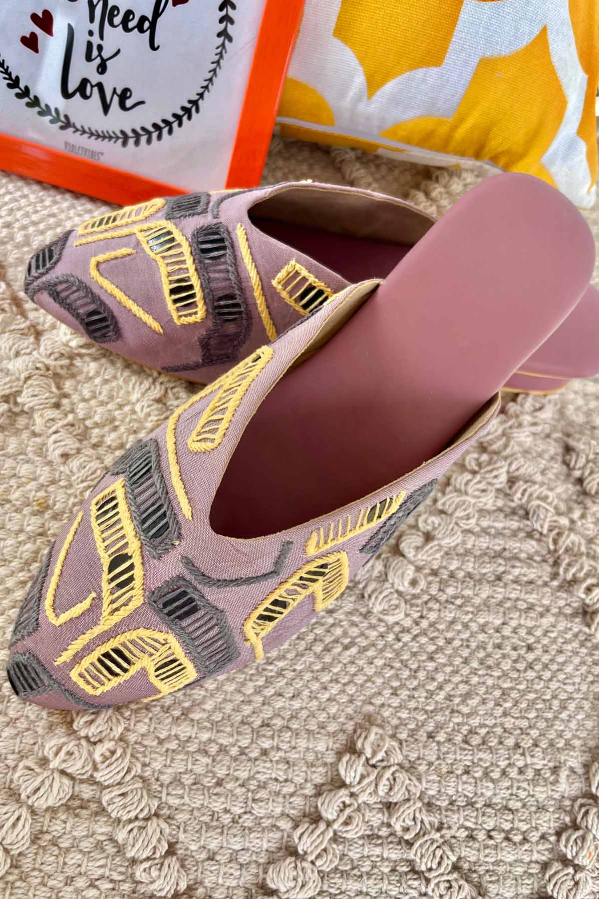 Hand Embroidered Lilac Mules