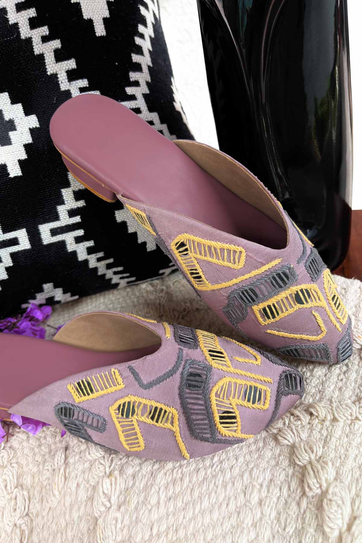 Hand Embroidered Lilac Mules