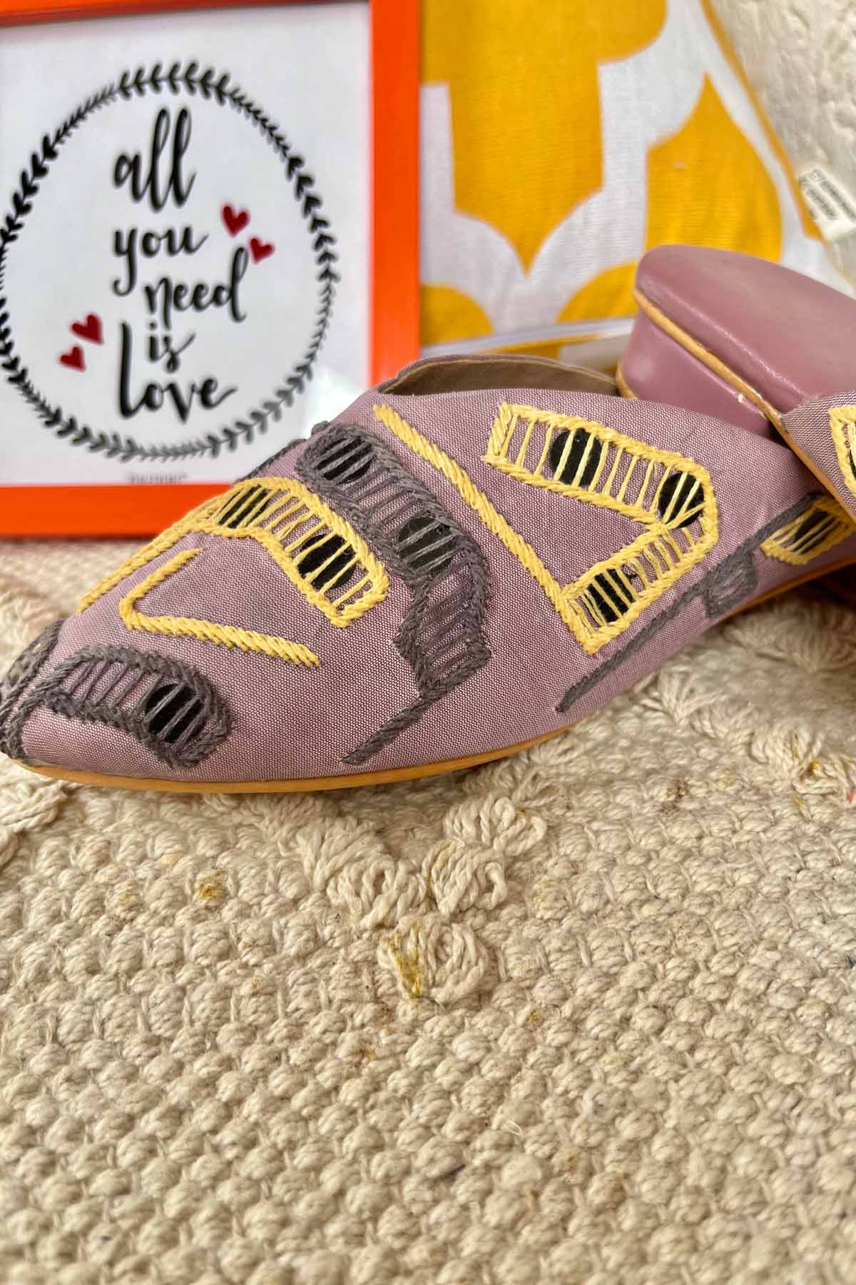Hand Embroidered Lilac Mules